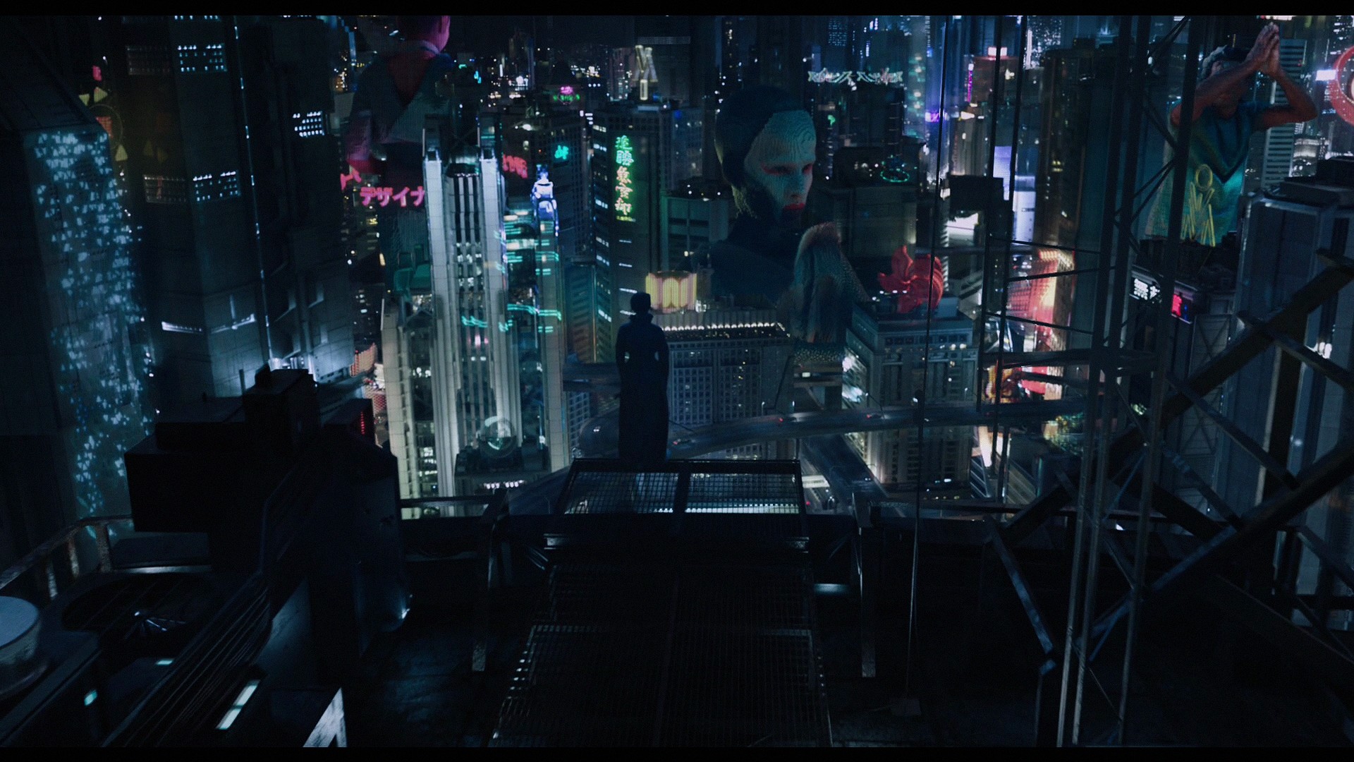 Ghost in the Shell (2017), Città cyberpunk, Notte, Grattacieli, Full HD, sfondo desktop