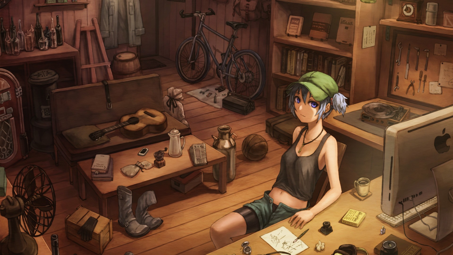 Ragazza anime, Stanza, Scaffali, Anime, Bicicletta, Full HD 1080p, sfondo desktop