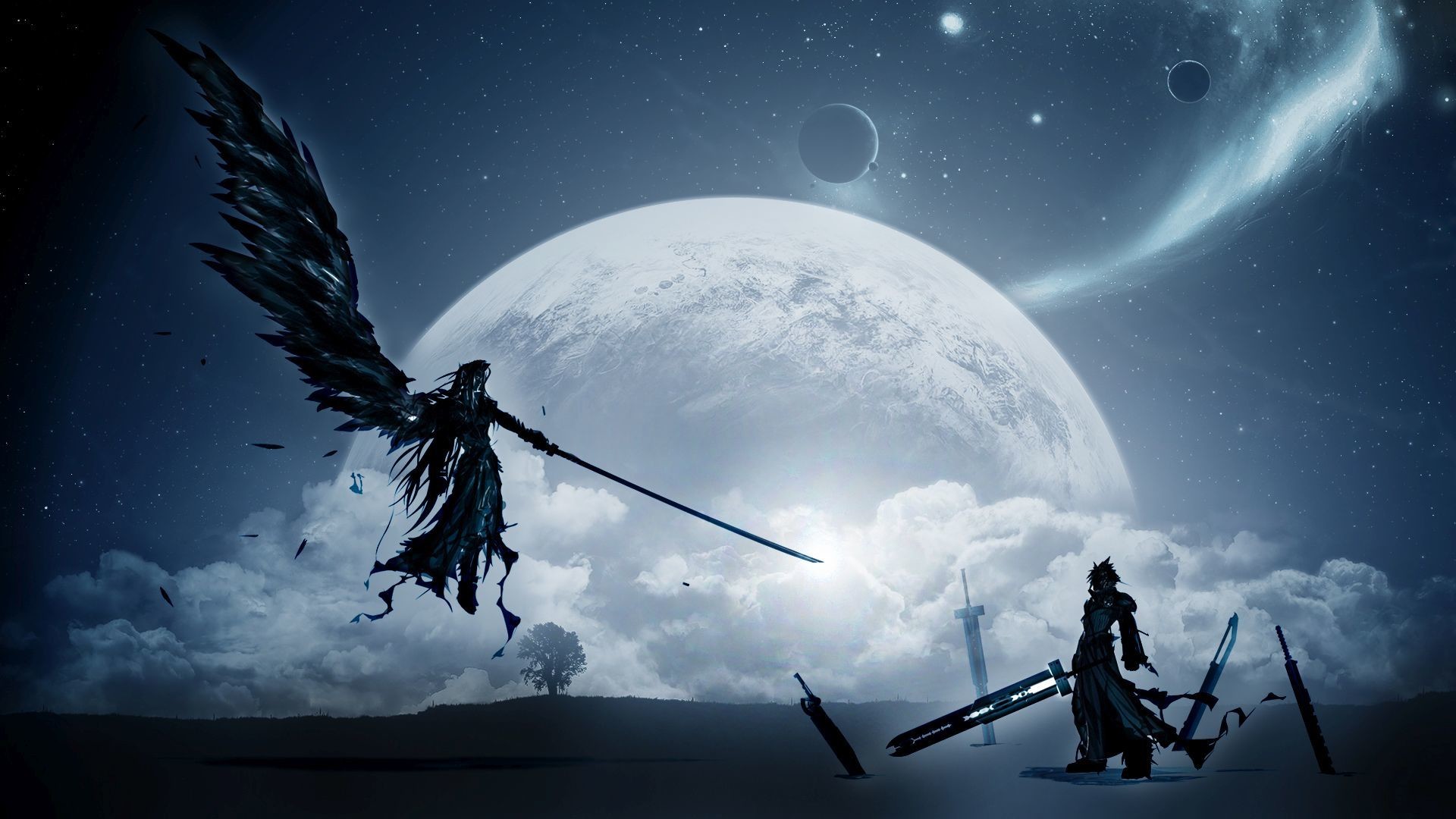 Sephiroth, Cloud Strife, Final Fantasy VII, Luna, Ala nera, 1920x1080, immagine di sfondo