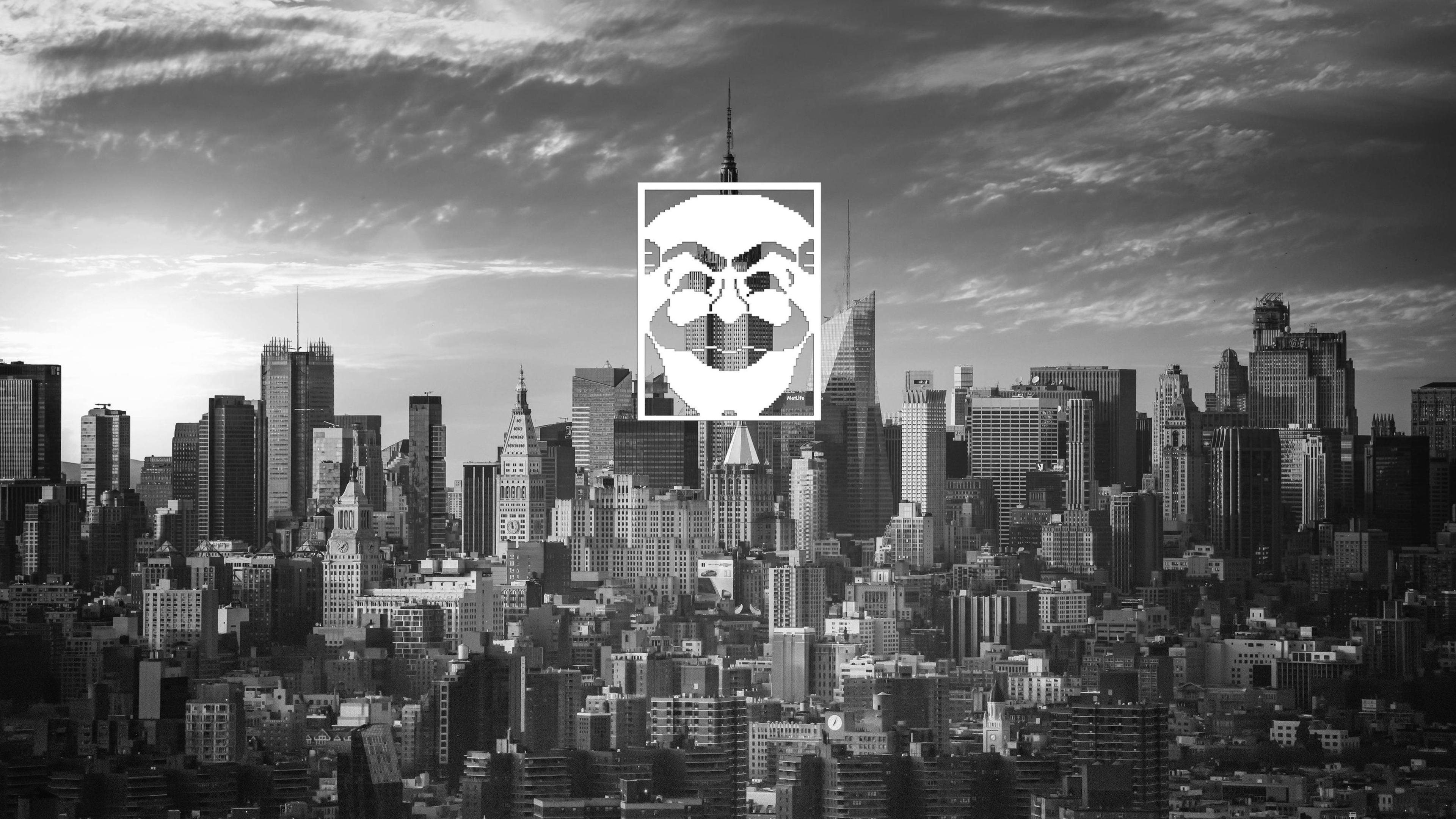 Mr. Robot, fsociety, Maschera, Città, Bianco e nero, 4K, sfondo Windows 11