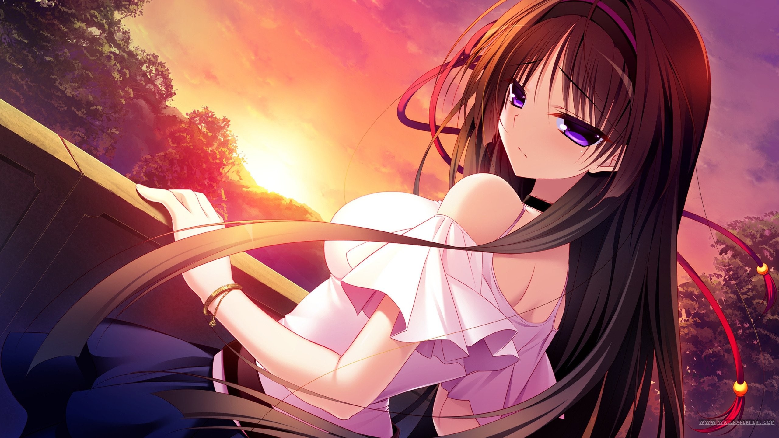 Ragazza anime, Tramonto, Capelli castani, Nastro rosso, 2K 1440p, sfondo desktop