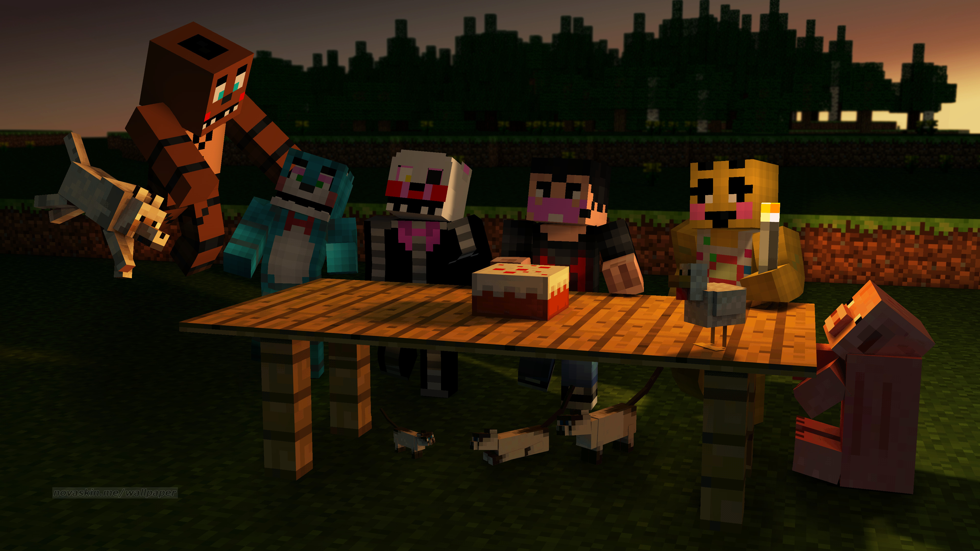 Minecraft, Novaskin, Five Nights at Freddy's, Tavola, Sera, 4K, sfondo per PC