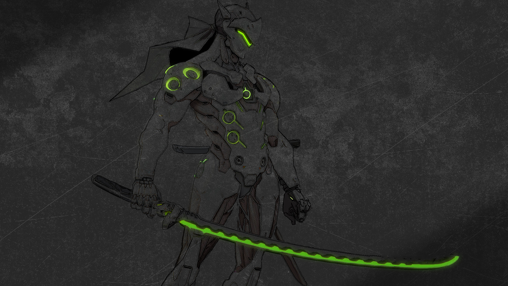 Genji, Overwatch, Katana, Verde neon, Scuro, Full HD, sfondo desktop