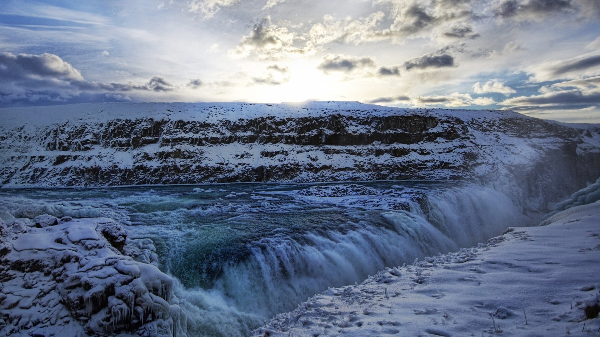 Cascata ghiacciata, Canyon, Neve, Nuvole, Full HD 1080p, sfondo desktop