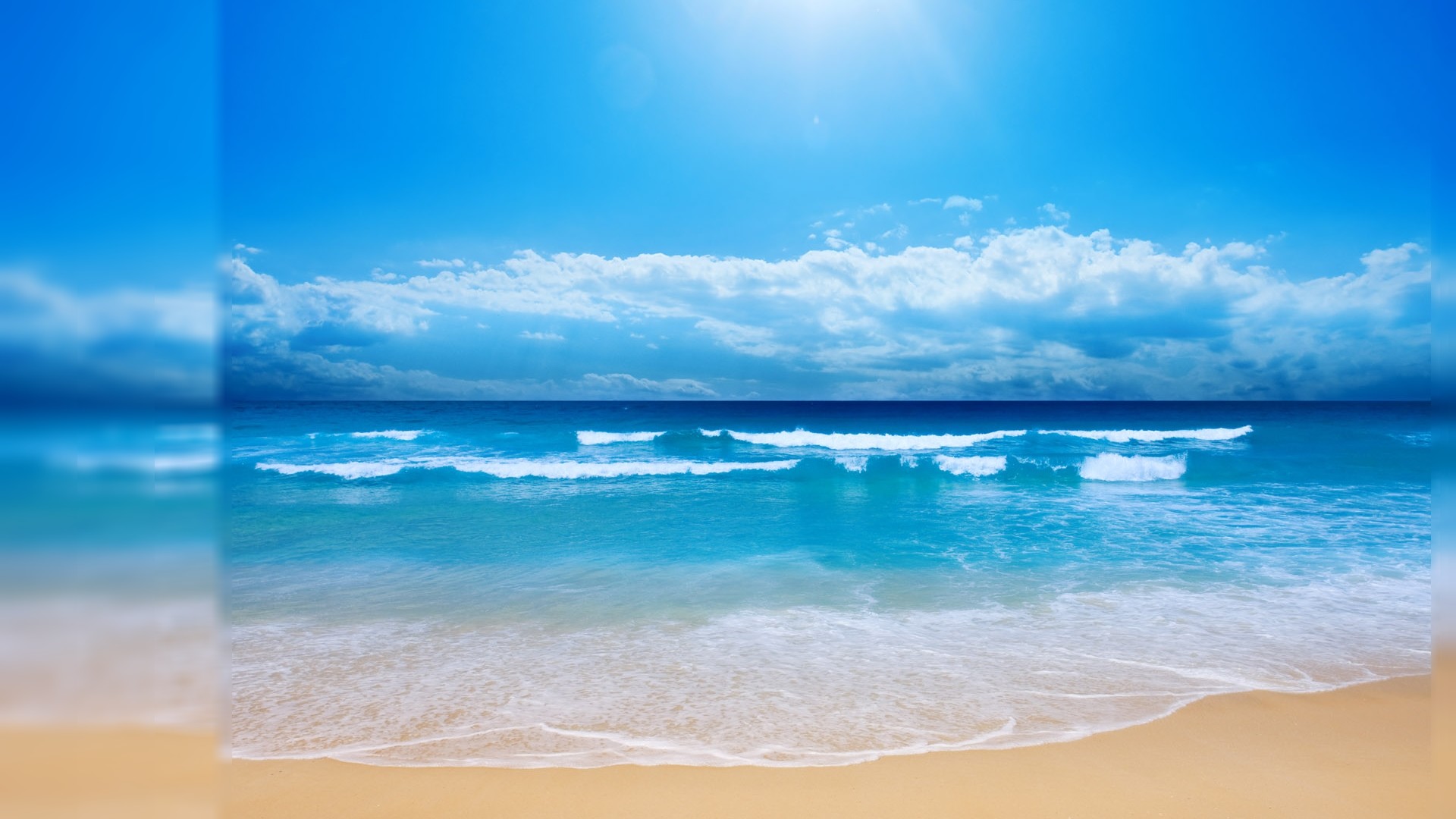 Spiaggia, Onde, Mare turchese, Cielo azzurro, Sole, Full HD 1080p, sfondo desktop