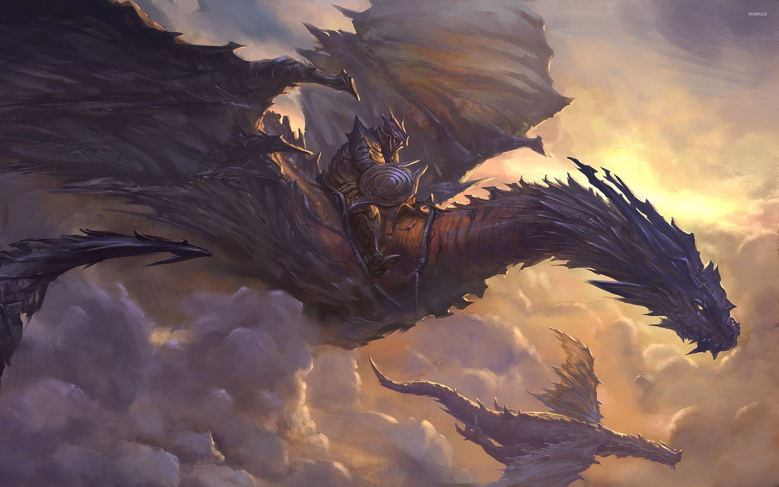 Drago, Cavaliere, Nuvole, Arte fantasy, 2K, wallpaper per computer