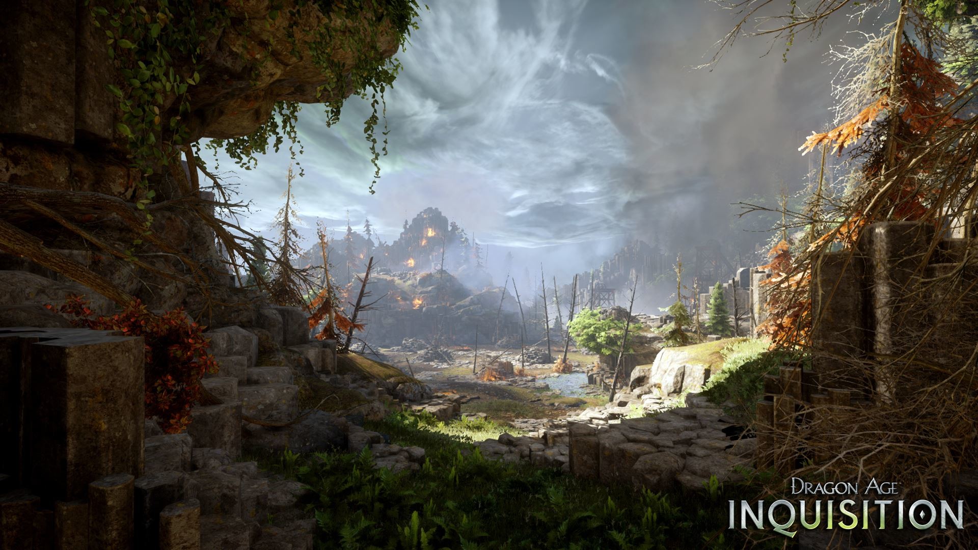Dragon Age: Inquisition, Rovine, Paesaggio, Cascata, Full HD, wallpaper per portatile