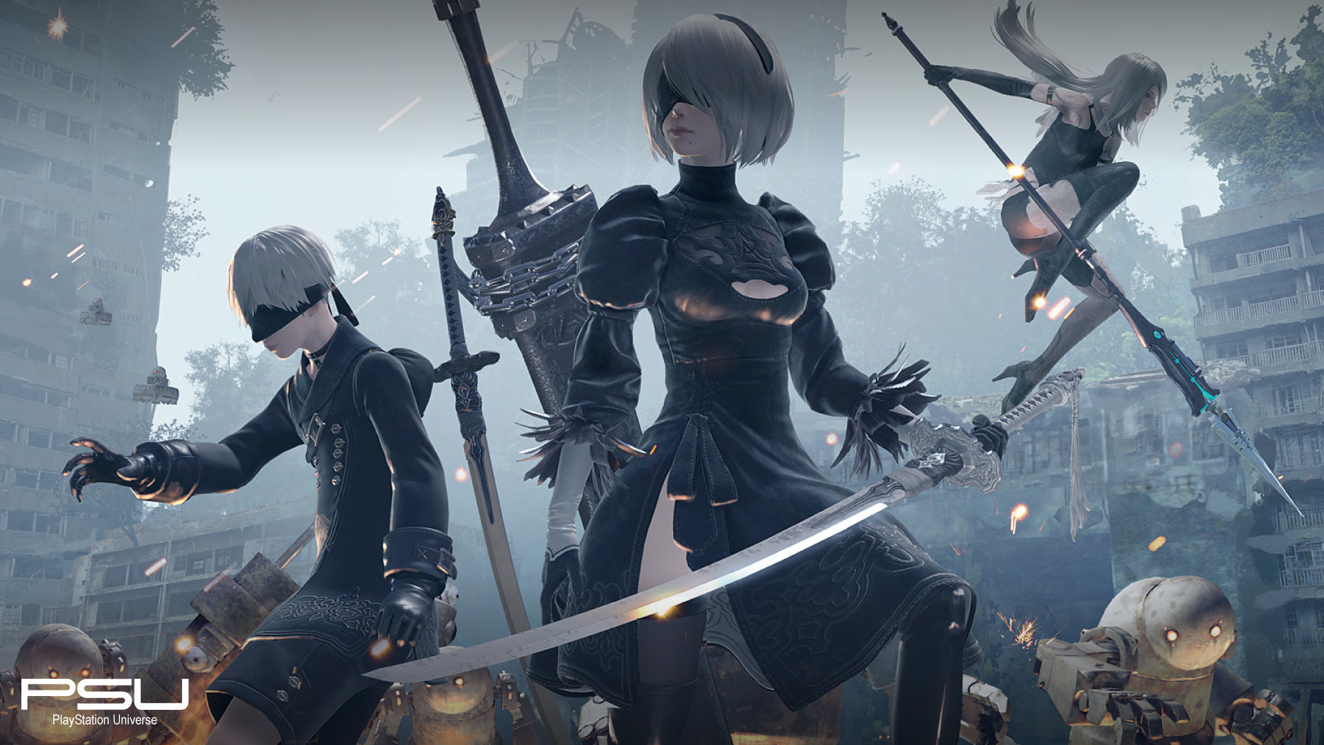 2B, 9S, A2, NieR: Automata, Spada, Rovine, 1920x1080, immagine di sfondo