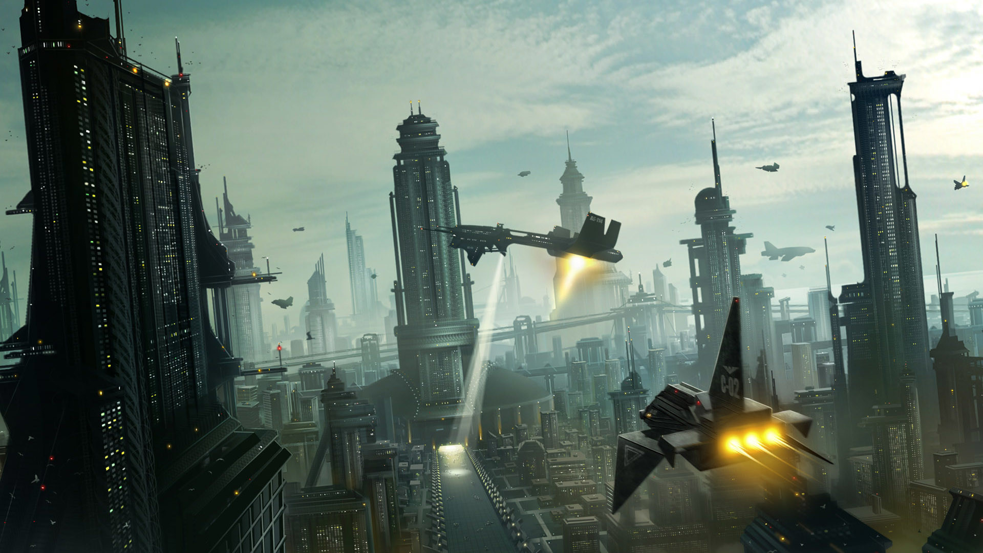 Città futuristica, Navicelle, Grattacieli, Fantascienza, Full HD, wallpaper per PC