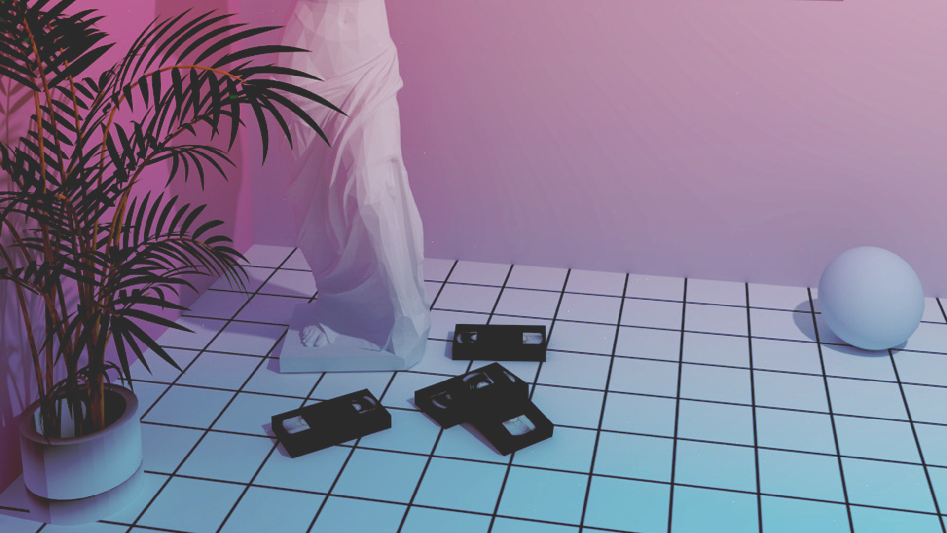 Vaporwave, Statua, Videocassette, Pianta, Rosa, 1920x1080, immagine di sfondo