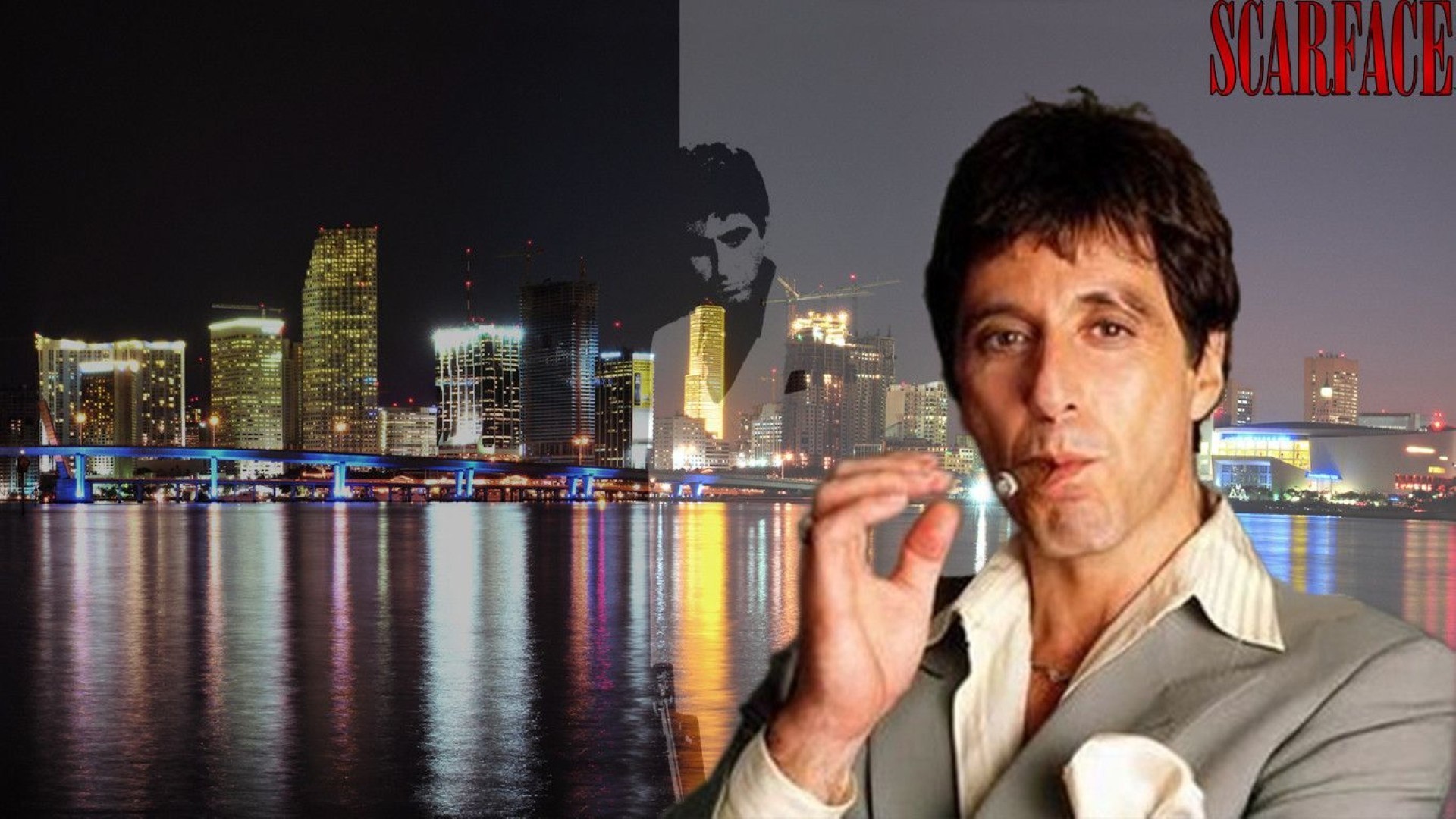Al Pacino, Tony Montana, Scarface, Miami, Skyline notturno, Sigaro, sfondo widescreen Full HD