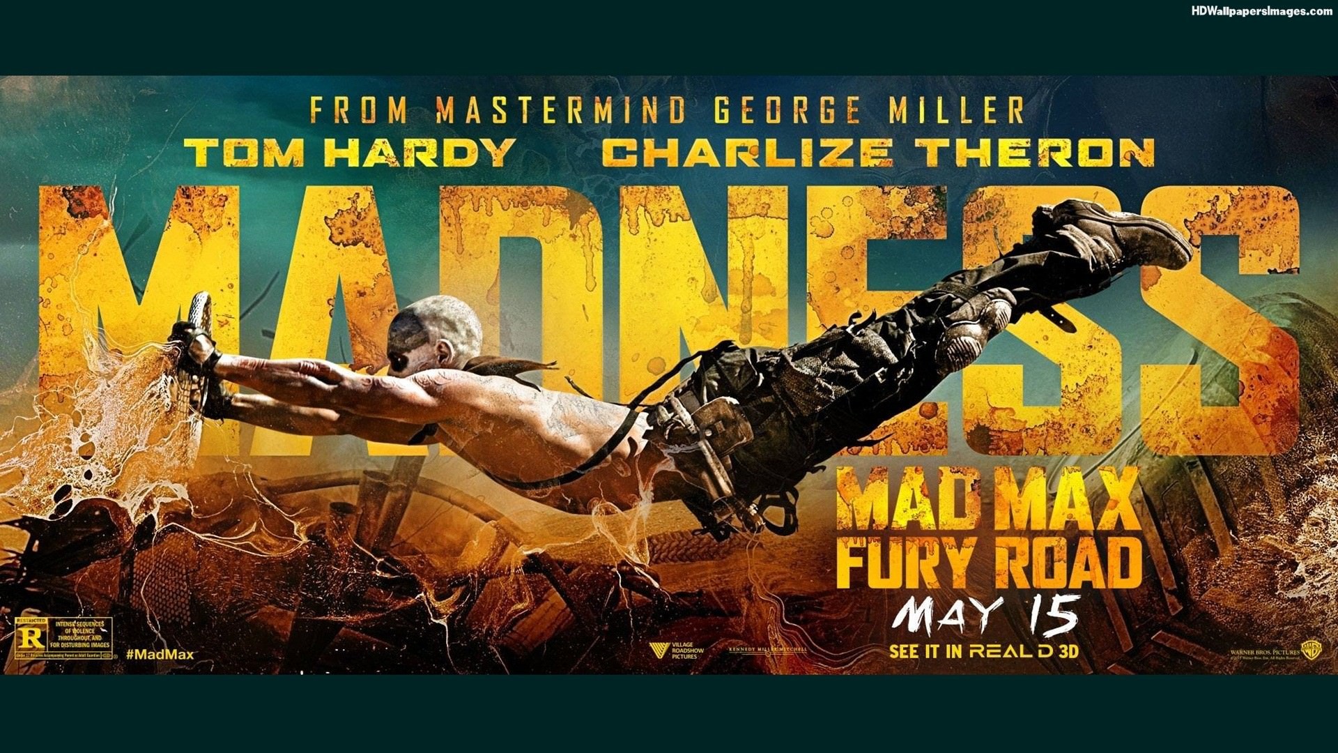 Mad Max: Fury Road, Tom Hardy, Charlize Theron, Locandina, Madness, sfondo 16:9 Full HD