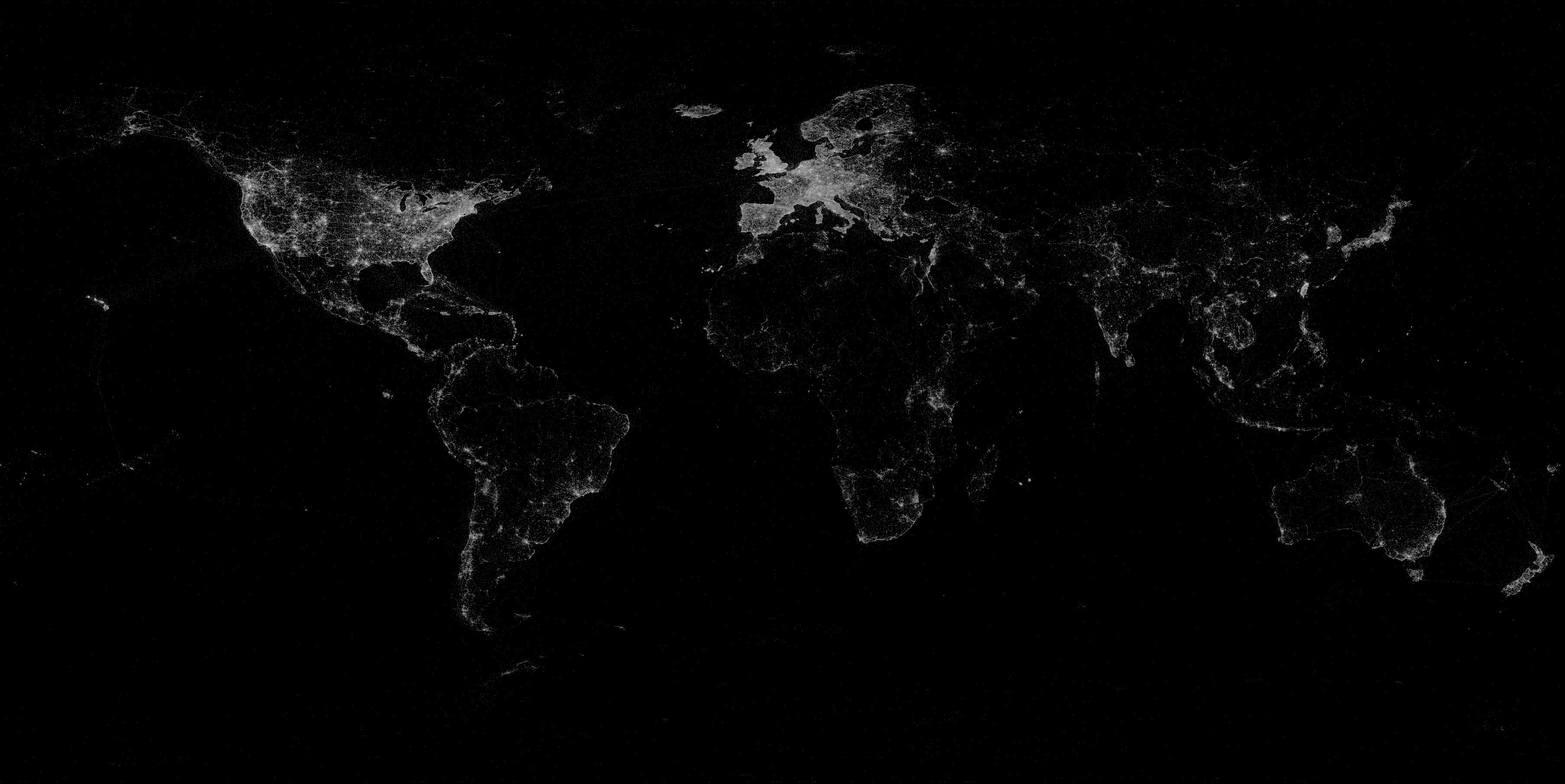 Terra di notte, Luci delle città, Nero, 2K, sfondo desktop