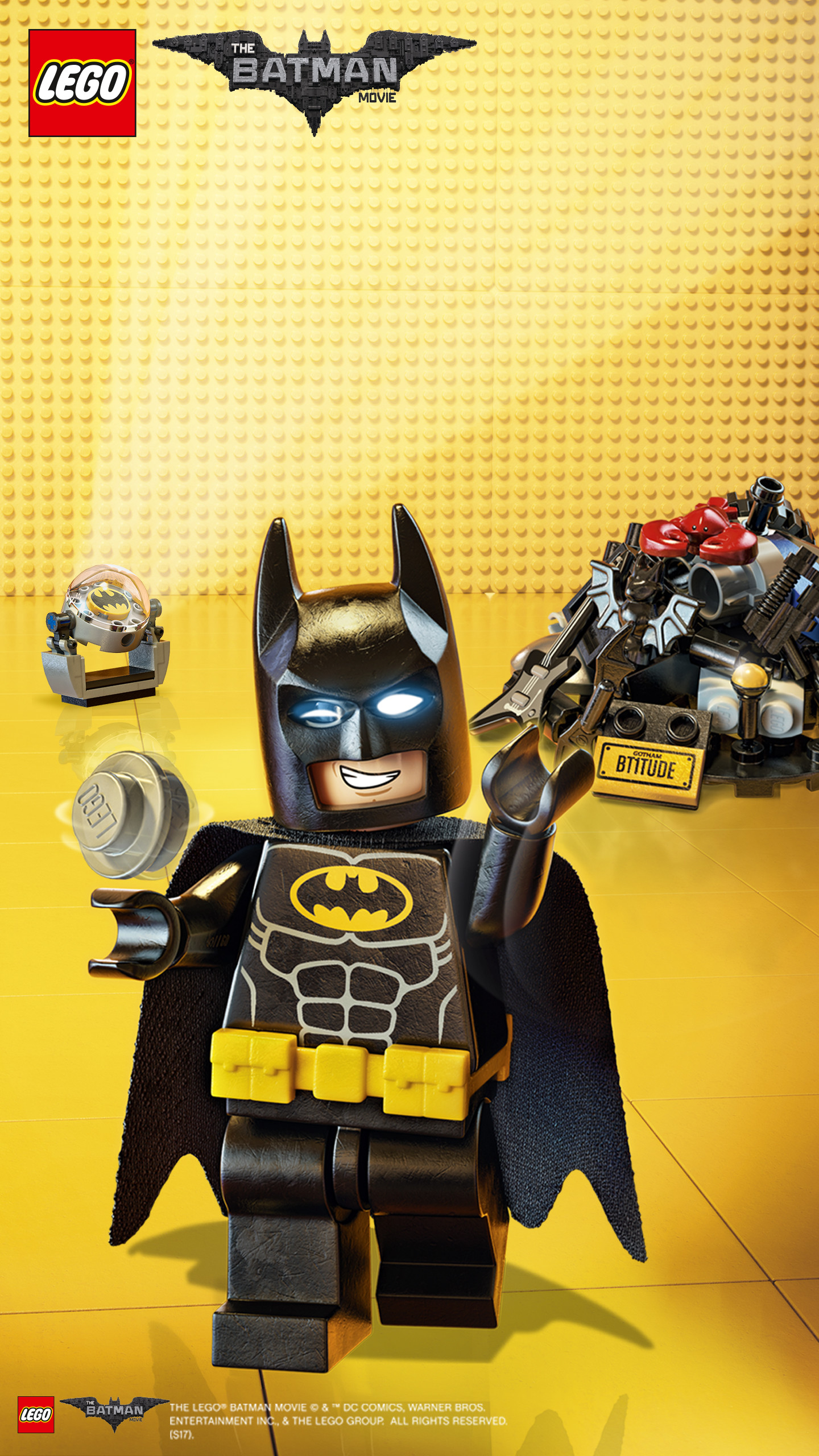 LEGO Batman - Il film, Batman, Minifigure, Sfondo giallo, QHD+, schermata di blocco del cellulare