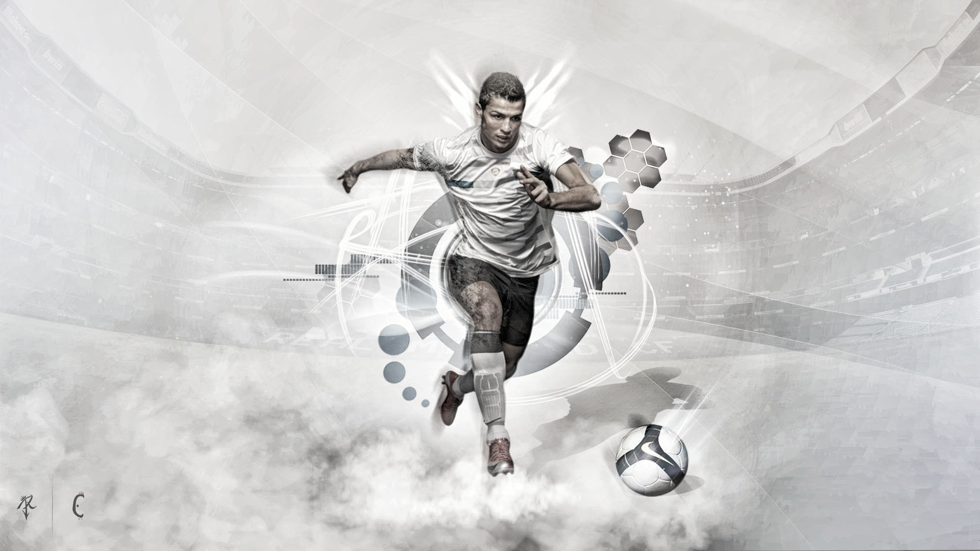 Cristiano Ronaldo, Arte digitale, Pallone, Bianco, 16:9 Full HD, sfondo widescreen