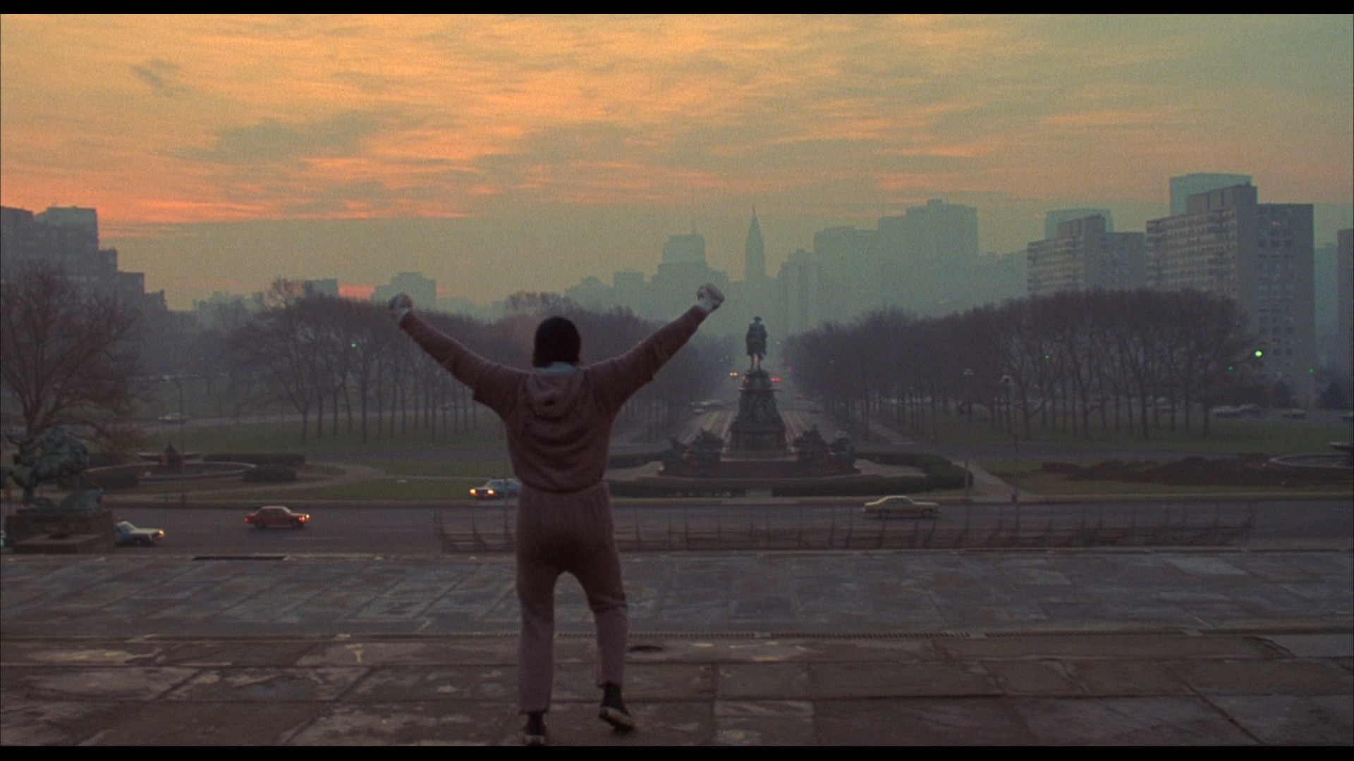 Rocky Balboa, Rocky Steps, Filadelfia, Braccia alzate, Alba, Full HD, sfondo Windows 11