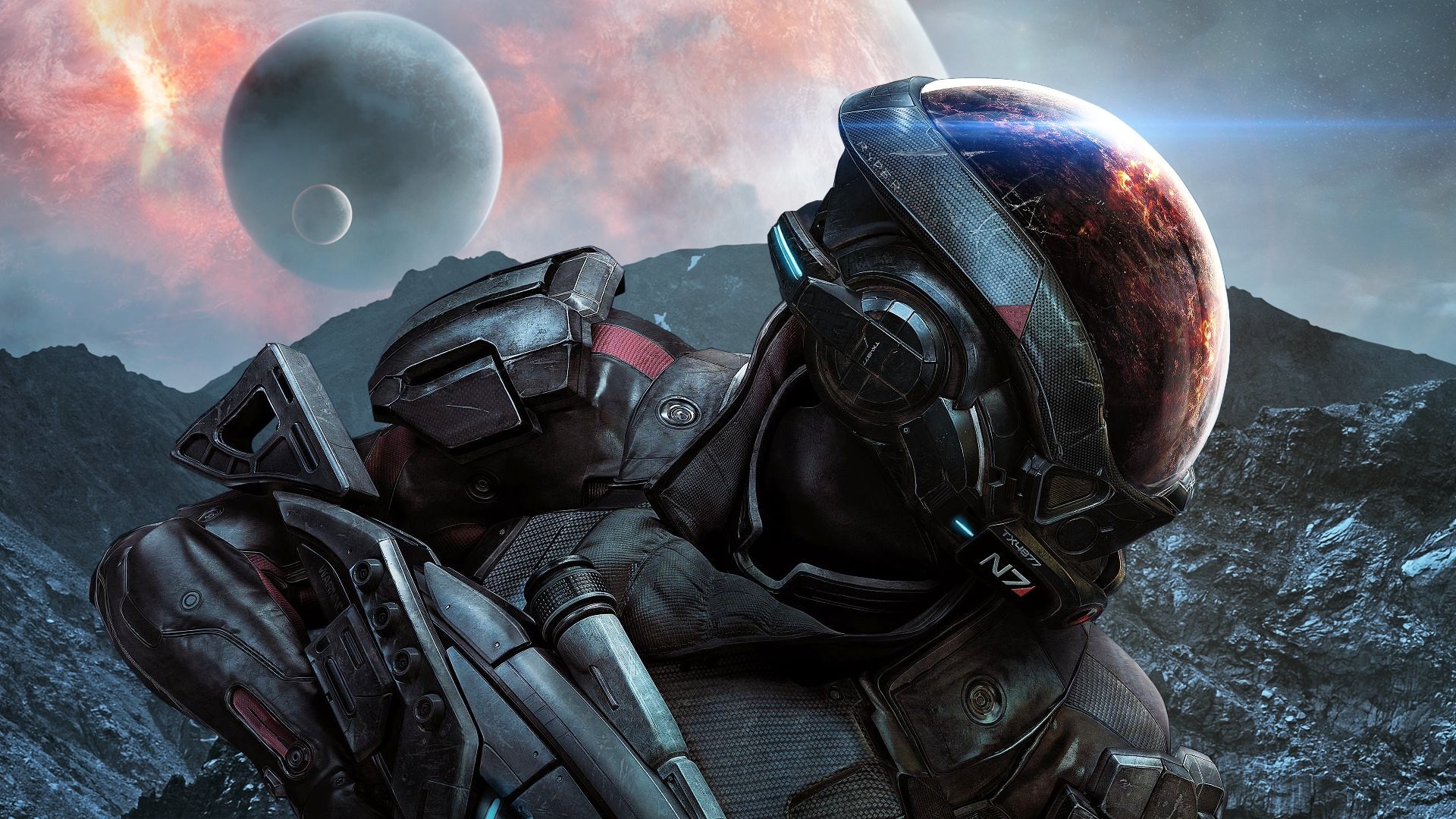Mass Effect: Andromeda, Ryder, Casco N7, Pianeta alieno, Lune, 16:9 Full HD, sfondo widescreen