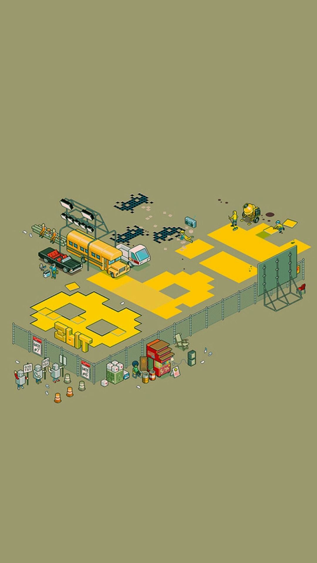 8 bit, Pixel art isometrico, Lettere gialle, Veicoli, Full HD, wallpaper per smartphone