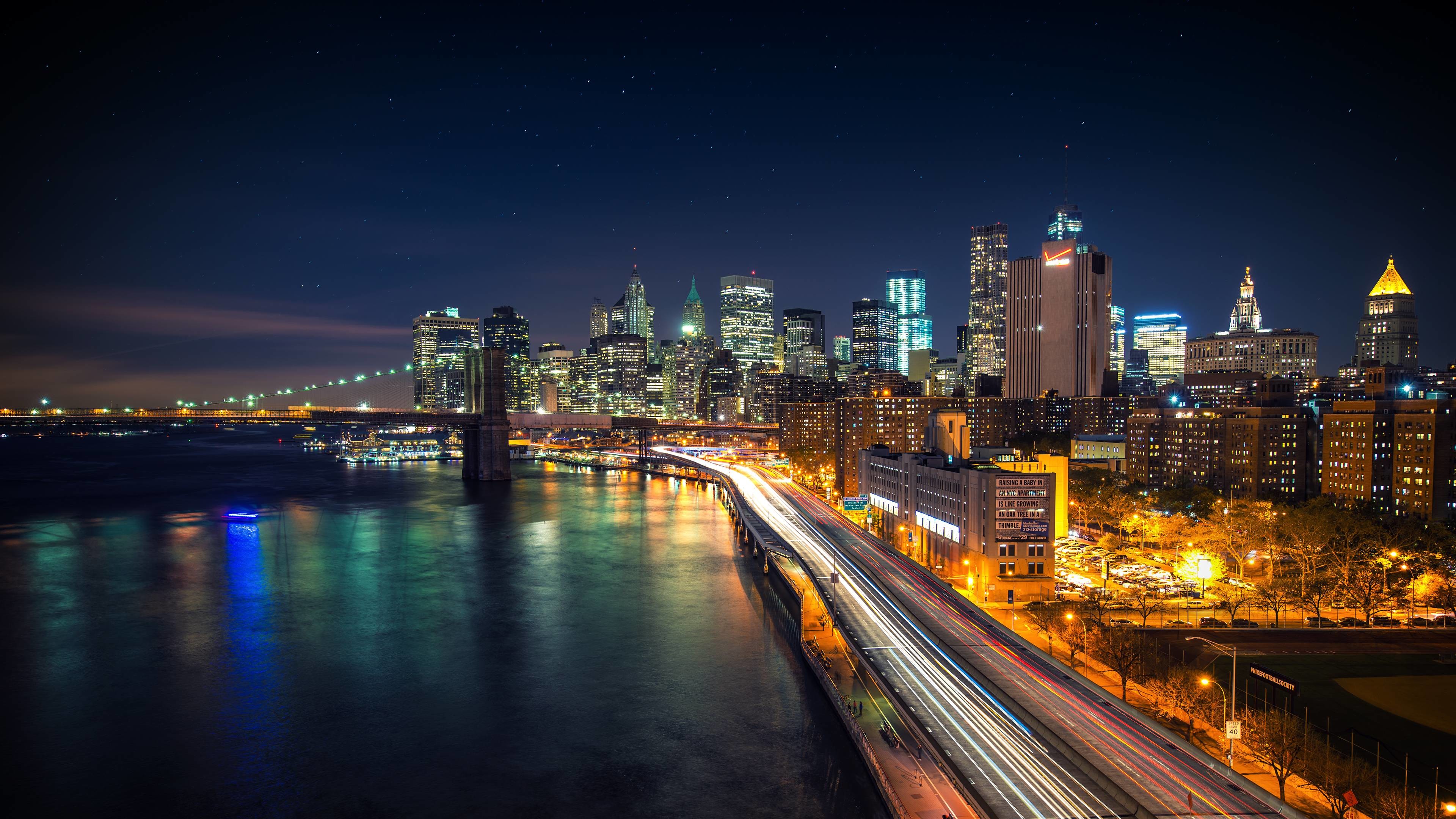 New York, Ponte di Brooklyn, Manhattan, Notte, Skyline, 4K, sfondo desktop