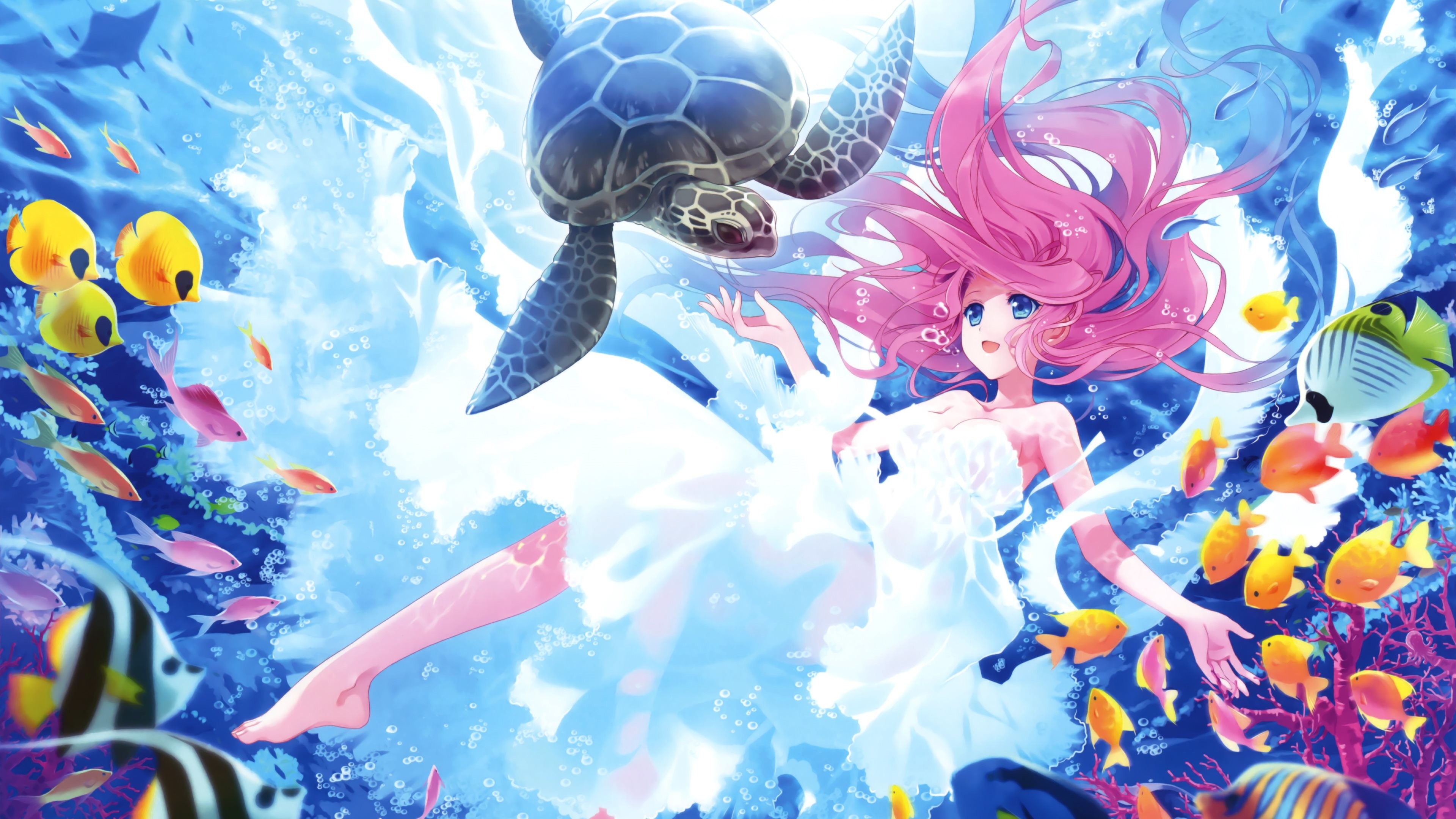 Ragazza anime, Tartaruga marina, Pesci tropicali, Fondale marino, Capelli rosa, sfondo desktop