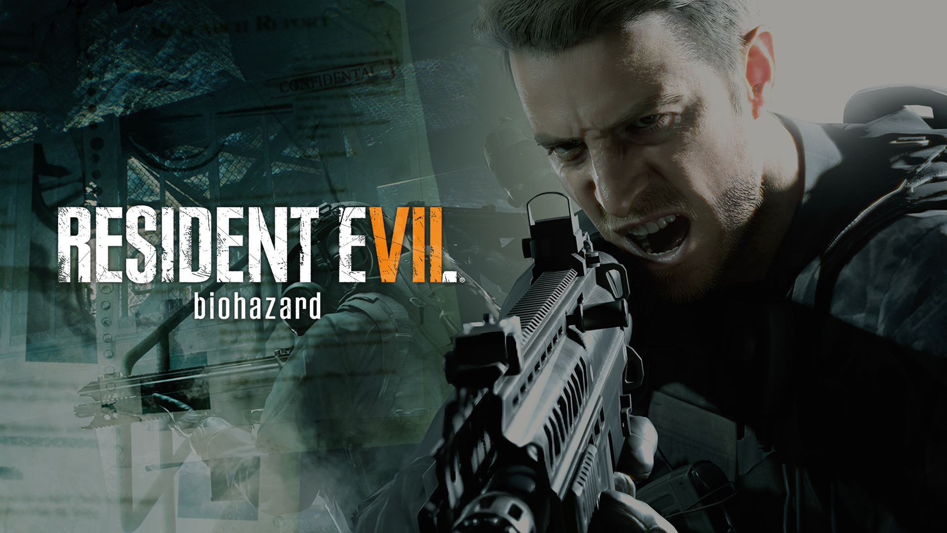 Resident Evil 7: Biohazard, Chris Redfield, Logo, Fucile, Azione, sfondo Windows 11
