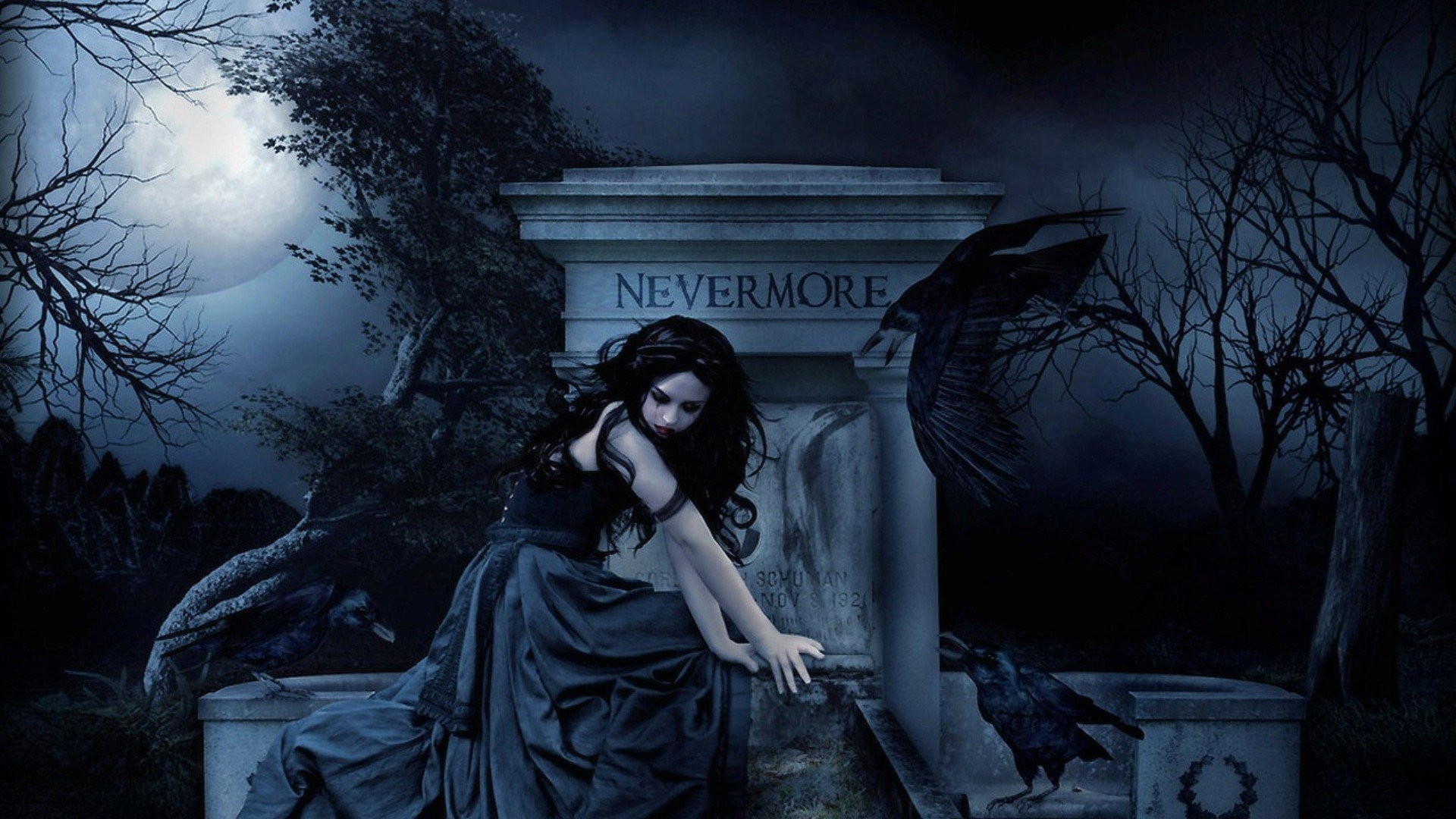 Nevermore, Il corvo, Cimitero, Donna gotica, Notte, 1920x1080, sfondo per PC
