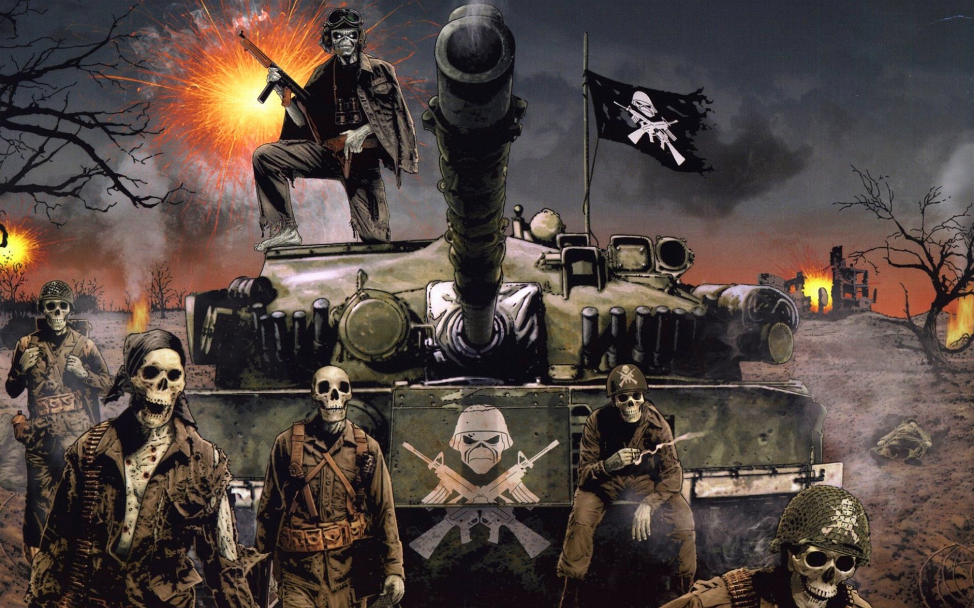 Eddie, Iron Maiden, Carro armato, Soldati, Bandiera pirata, Full HD, sfondo desktop
