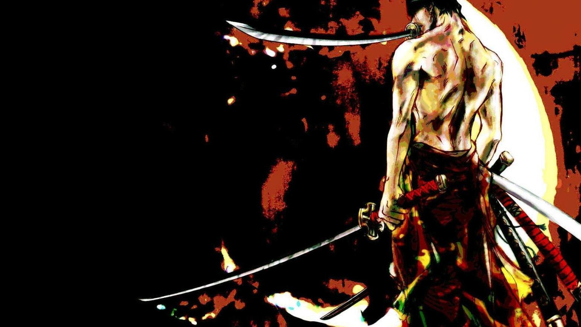 Roronoa Zoro, One Piece, Katane, Schiena, Sfondo nero, Full HD, wallpaper desktop
