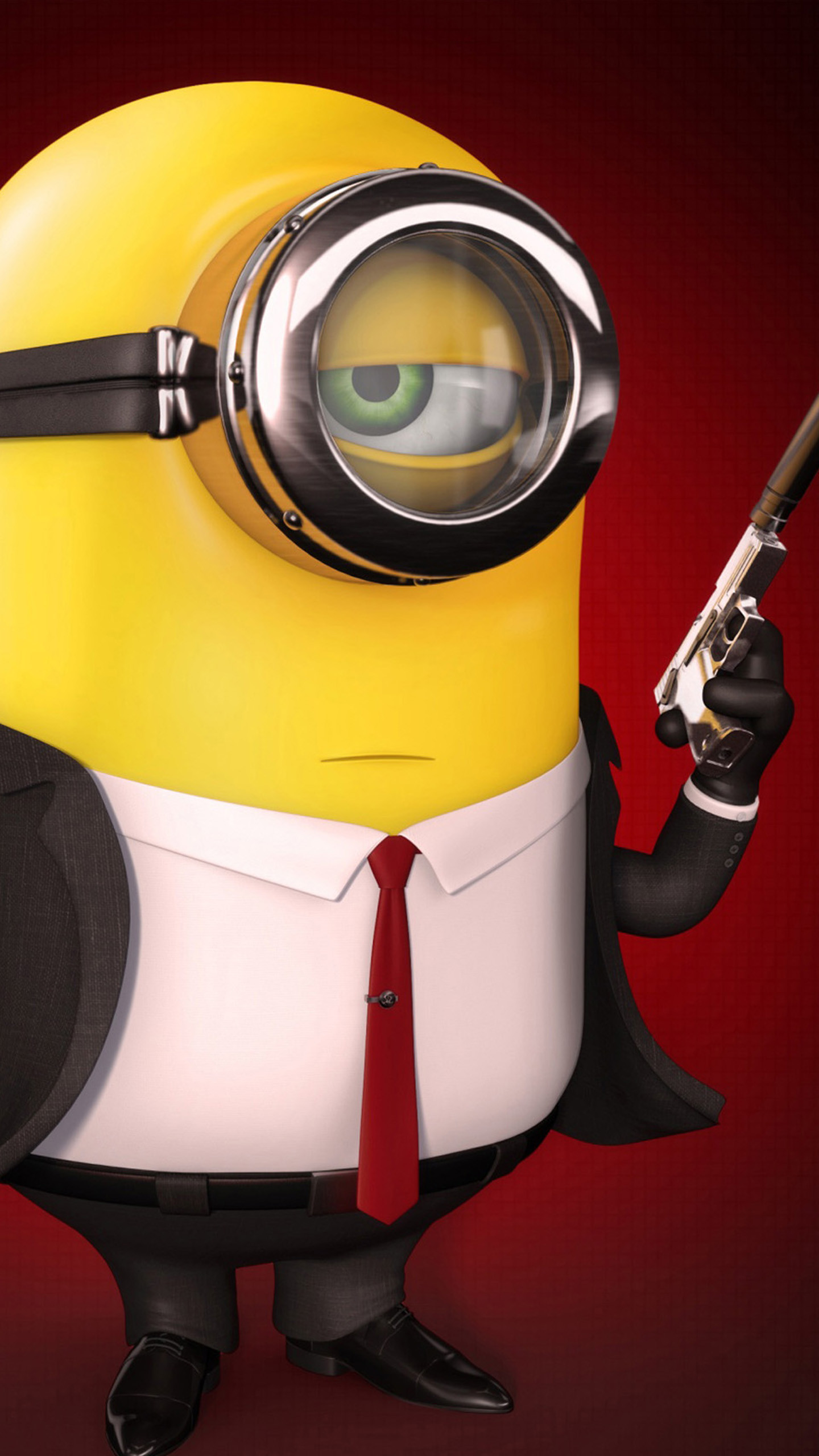 Minion, Smoking, Pistola, Agente segreto, Sfondo rosso, QHD+, schermata di blocco del cellulare