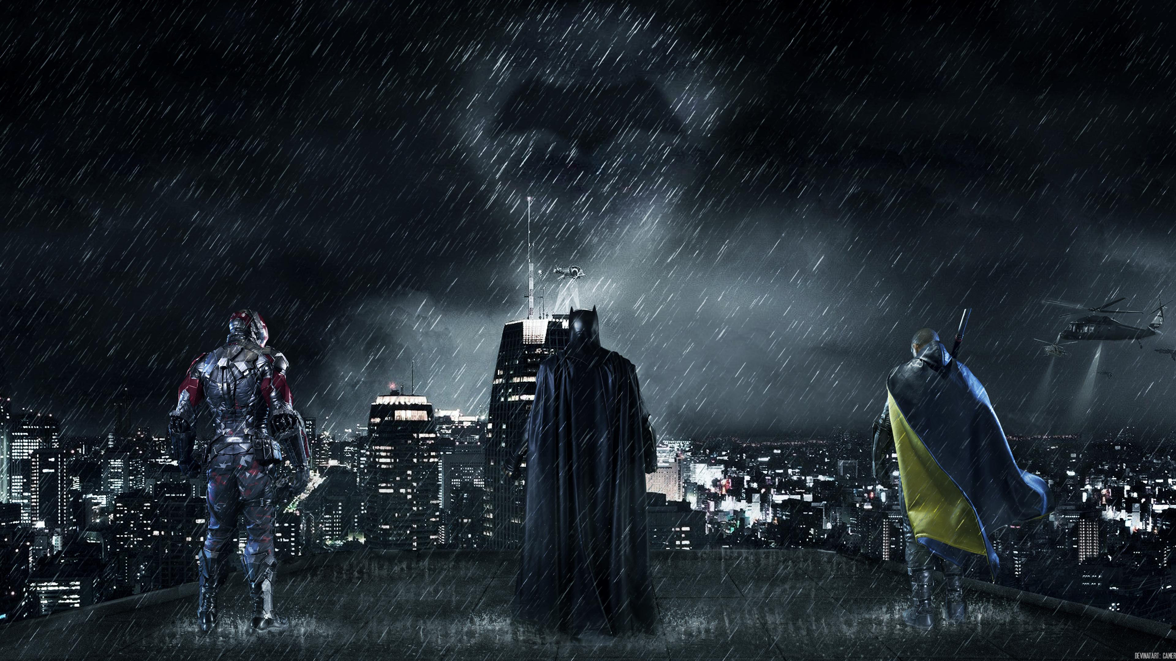 Gotham City, Batman: Arkham Knight, Batman, Pioggia, Notte, 4K, sfondo per PC e portatile