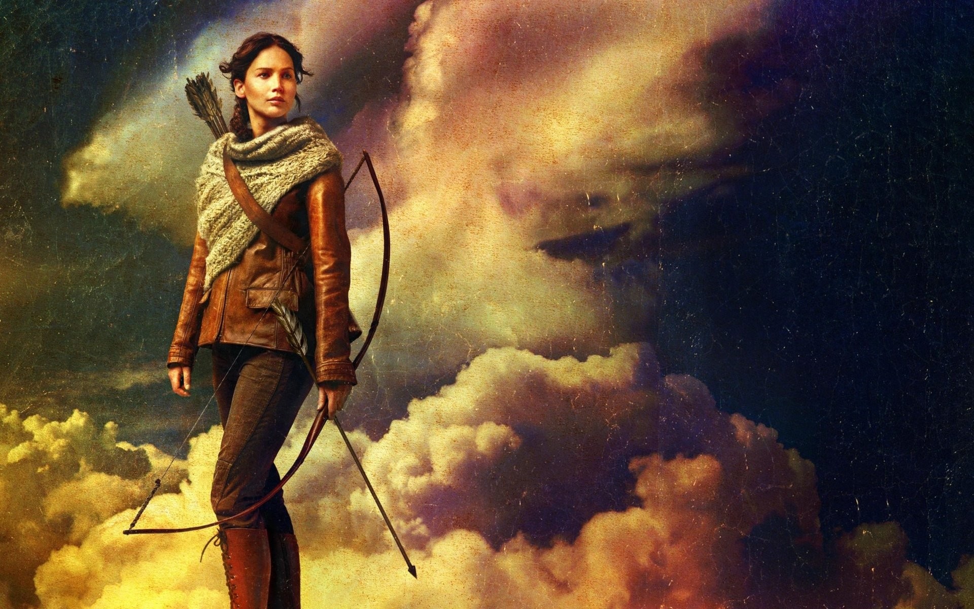 Jennifer Lawrence, Katniss Everdeen, Hunger Games, Arco, Nuvole, sfondo Full HD per portatile