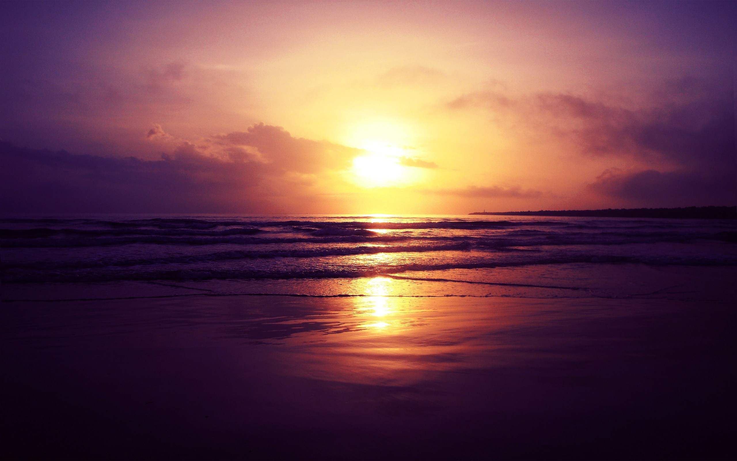 Tramonto sul mare, Viola, Spiaggia, Sole, 2K, sfondo desktop