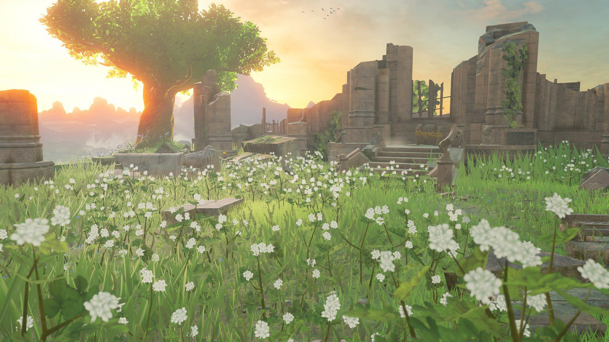 The Legend of Zelda: Breath of the Wild, Rovine, Fiori bianchi, Tramonto, sfondo Full HD per PC