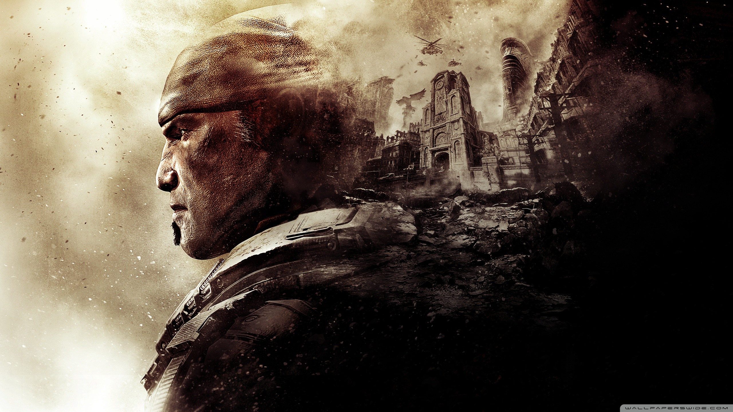 Soldato, Città distrutta, Ritratto, Seppia, Guerra, 16:9 2K, sfondo widescreen