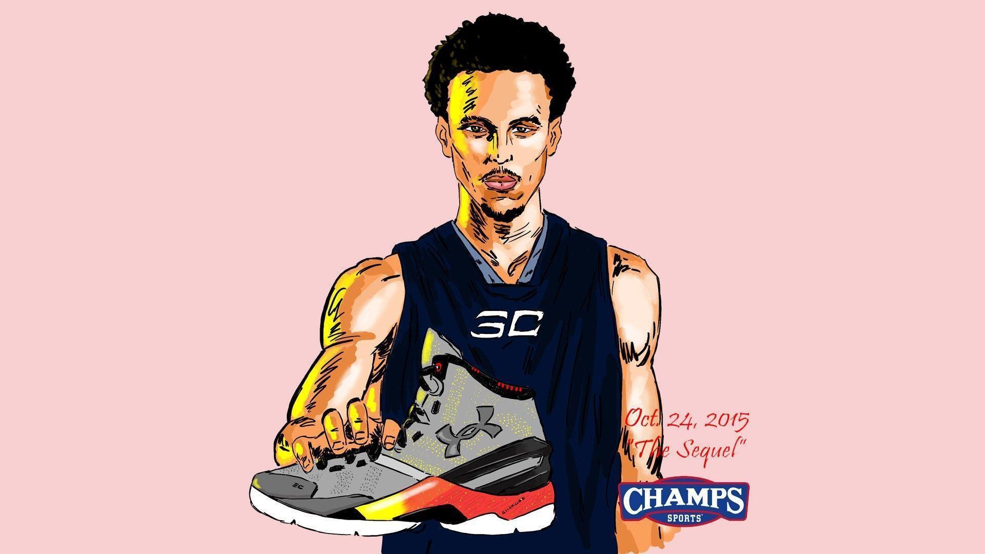 Stephen Curry, Under Armour Curry 2, Champs Sports, Illustrazione, Sfondo rosa, wallpaper Full HD
