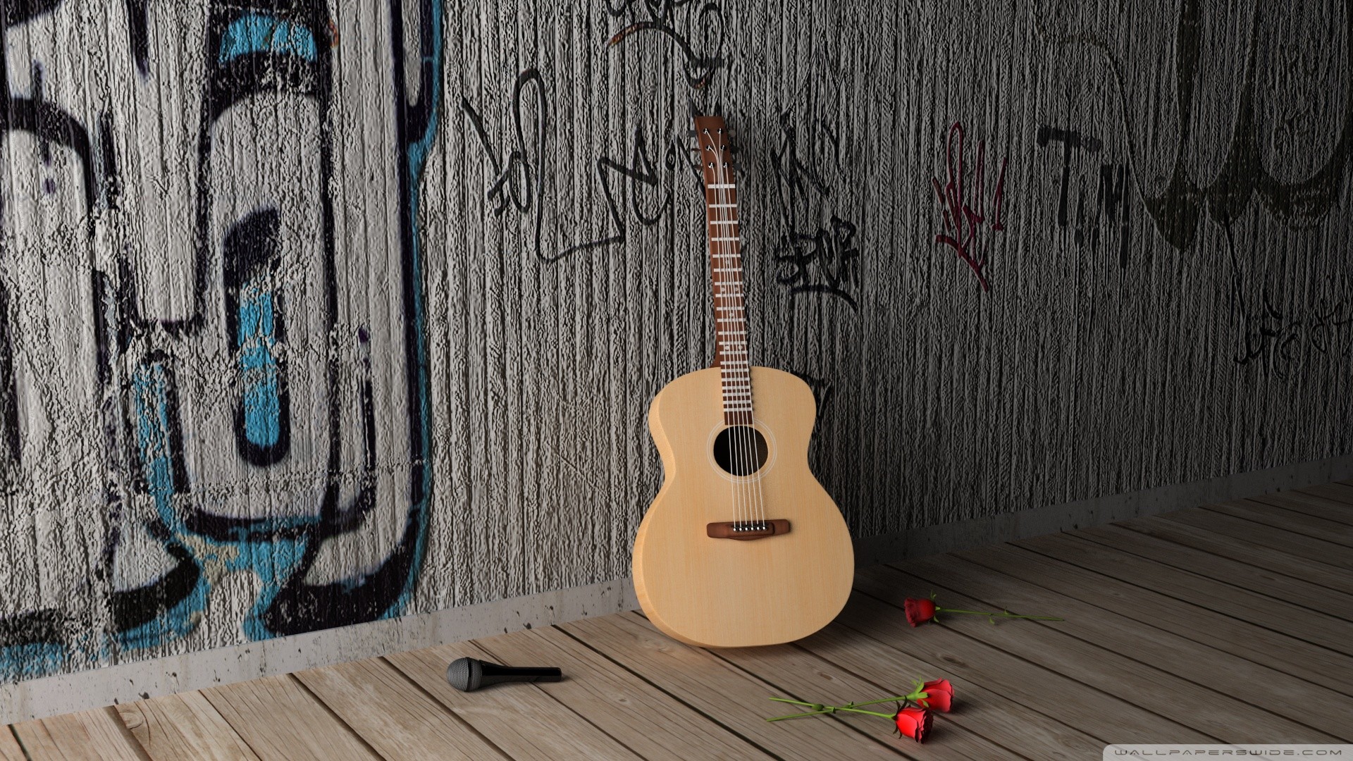 Chitarra acustica, Graffiti, Rose, Pavimento in legno, 1920x1080, sfondo per PC