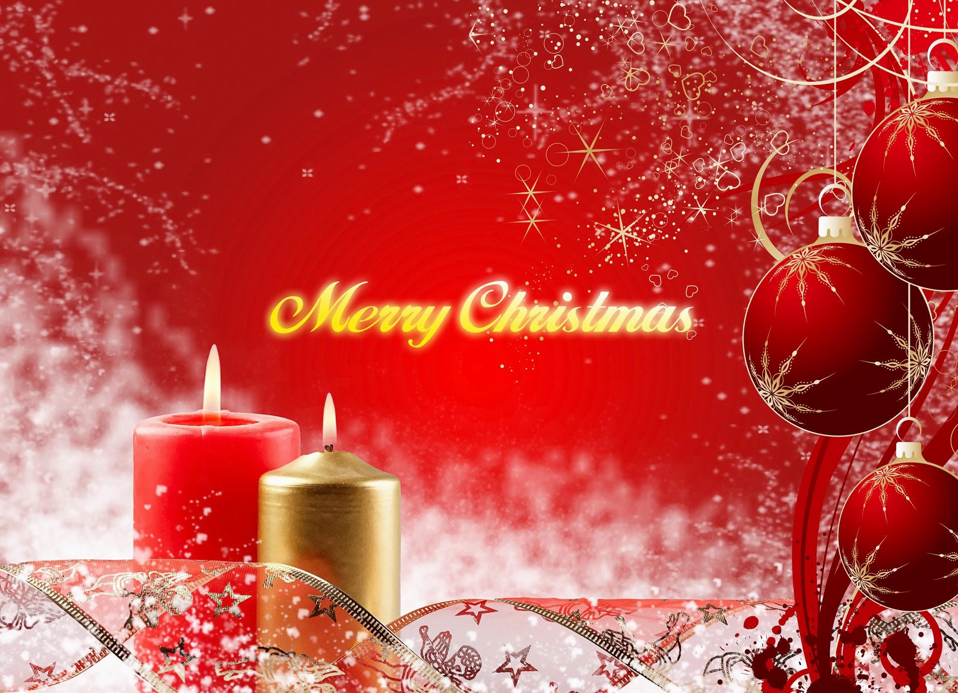 Merry Christmas, Candele, Palline rosse, Rosso, Fiocchi di neve, sfondo Full HD per computer