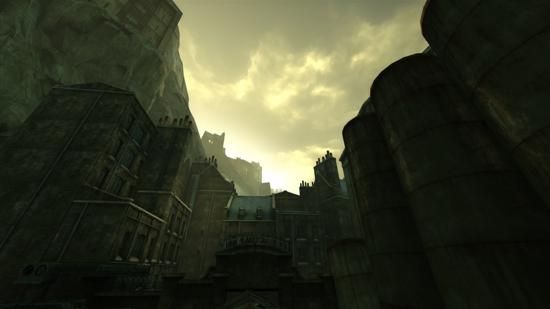 Dishonored, Dunwall, Edifici, Cielo giallo, Vista dal basso, Full HD 1080p, sfondo desktop