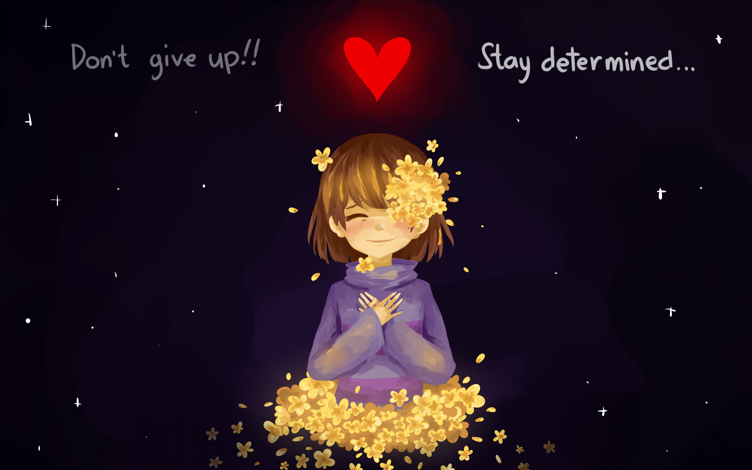 Frisk, Undertale, Stay determined, Fiori dorati, Cuore rosso, 2K, sfondo per portatile
