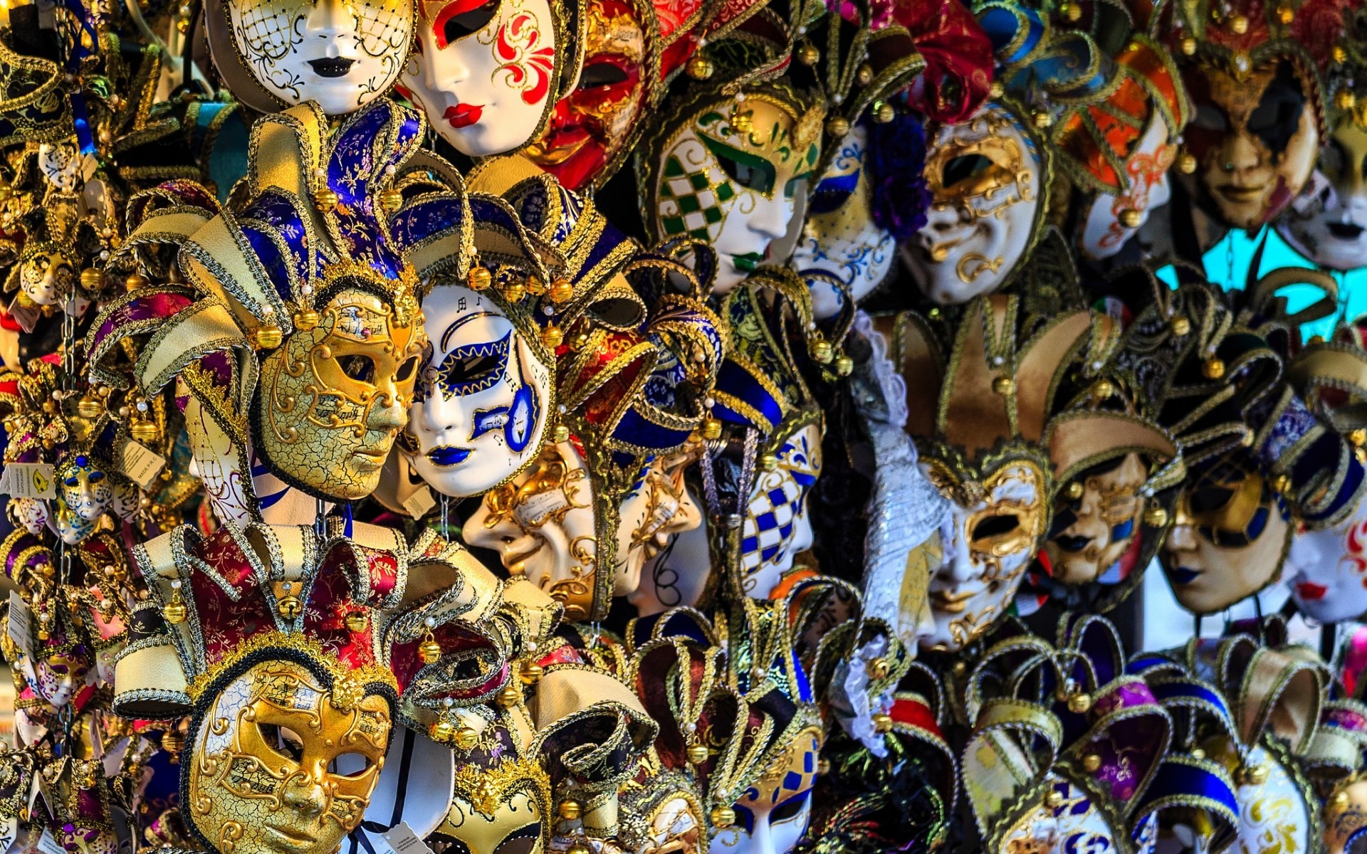 Maschere veneziane, Bancarella, Oro, Colori, 16:10 Full HD, wallpaper widescreen