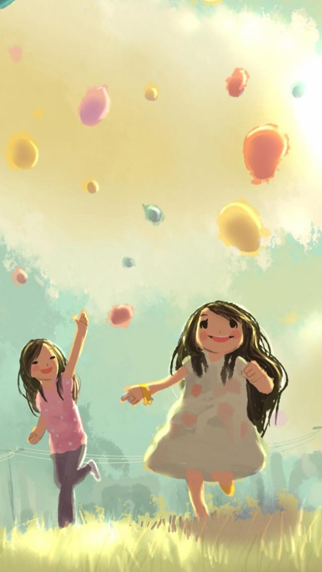 Bambine, Palloncini, Illustrazione, Full HD, sfondo verticale per cellulare