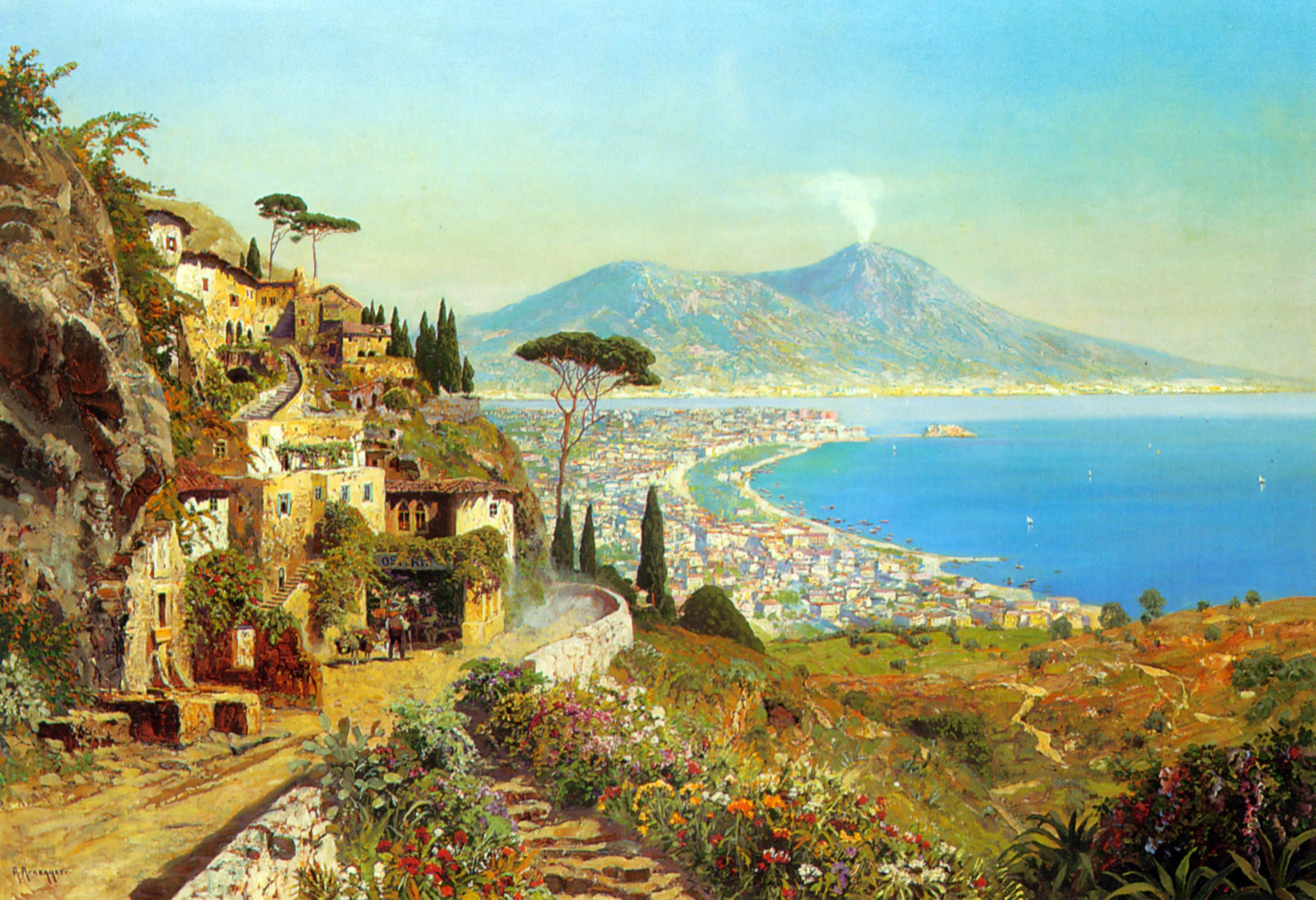 Golfo di Napoli, Vesuvio, Pittura a olio, Paesaggio, Pini marittimi, sfondo 2K per computer