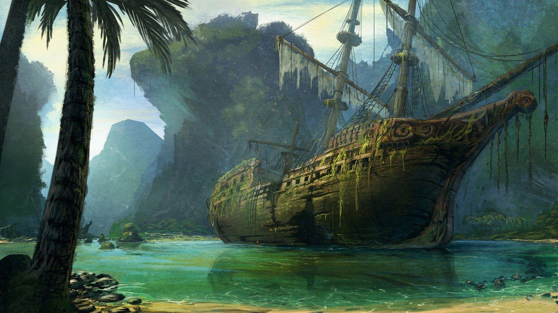 Nave pirata, Relitto, Laguna, Palme, Full HD 1080p, sfondo desktop