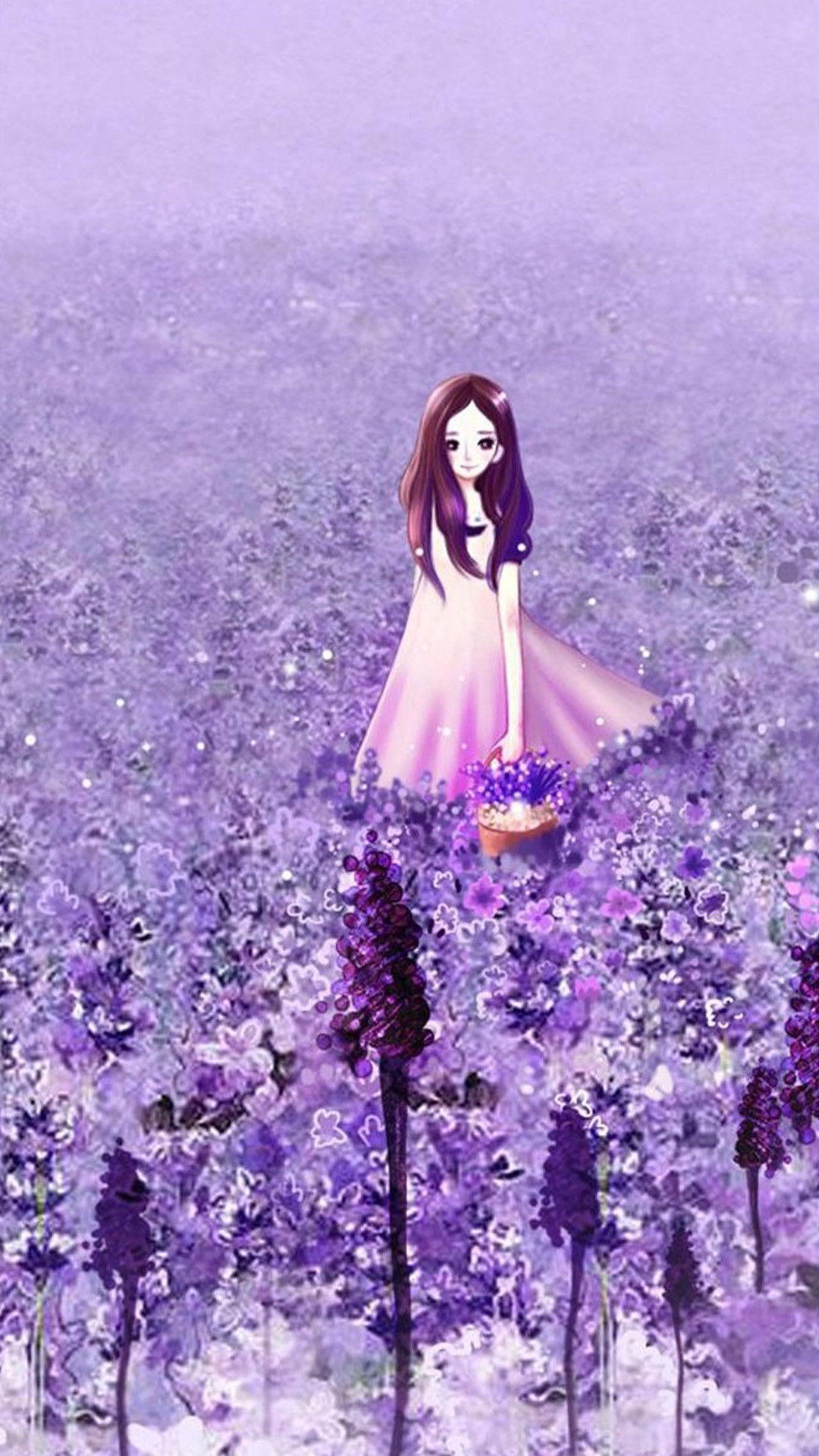 Ragazza, Campo di lavanda, Viola, Illustrazione, Full HD, schermata di blocco del cellulare
