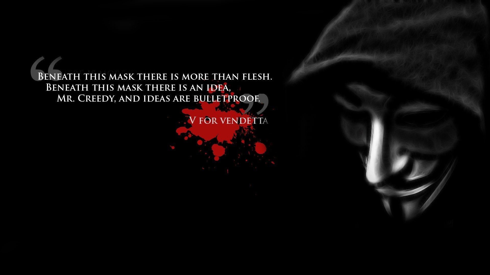 V per Vendetta, Maschera di Guy Fawkes, Citazione, Mr. Creedy, Schizzo di sangue, sfondo Full HD