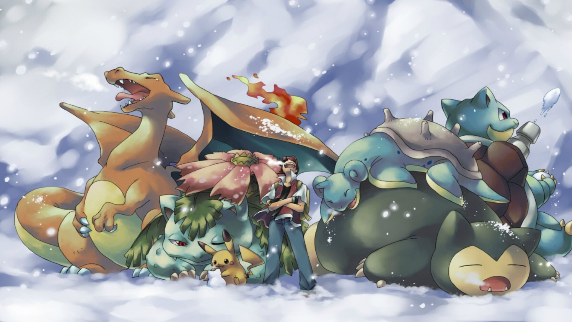 Charizard, Venusaur, Blastoise, Snorlax, Pokémon, Neve, 16:9 Full HD, sfondo widescreen