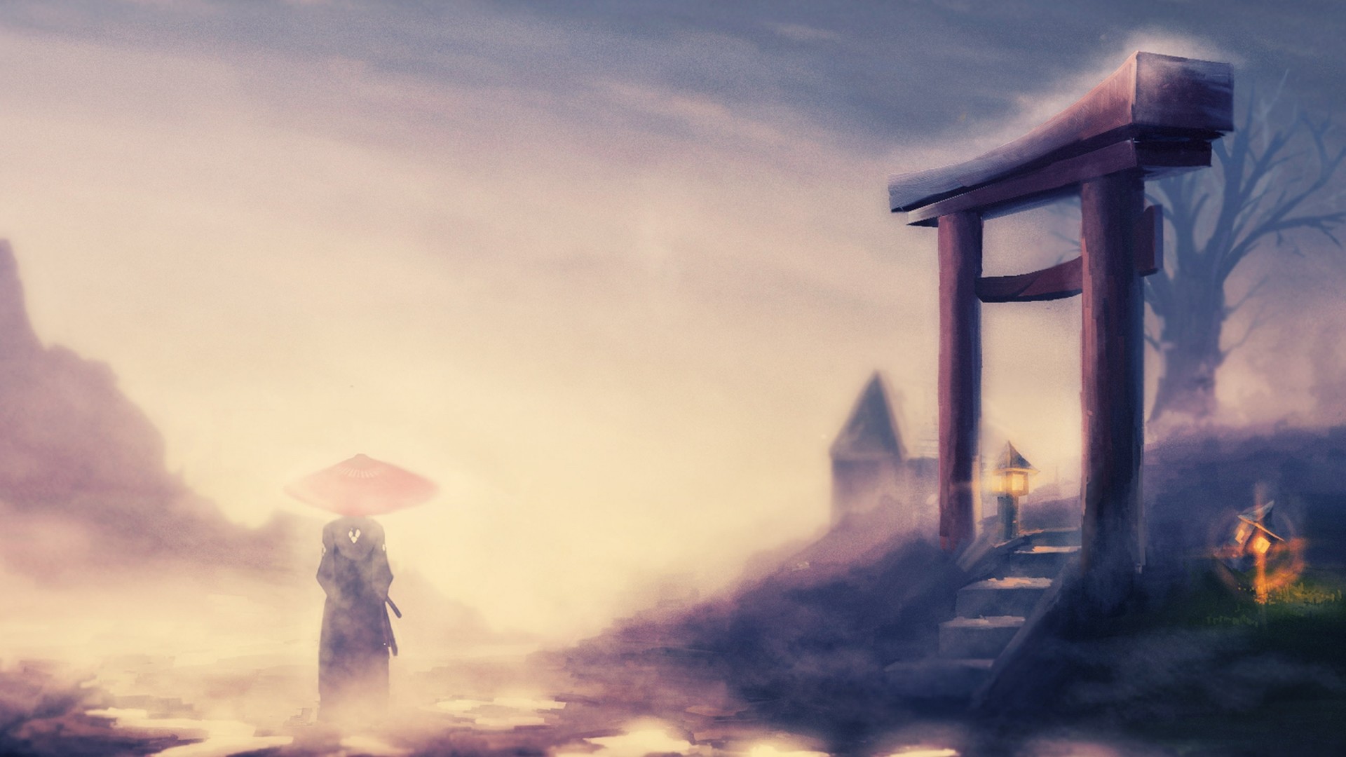Samurai, Torii, Ombrello, Nebbia, Pittura digitale, Full HD, sfondo per PC