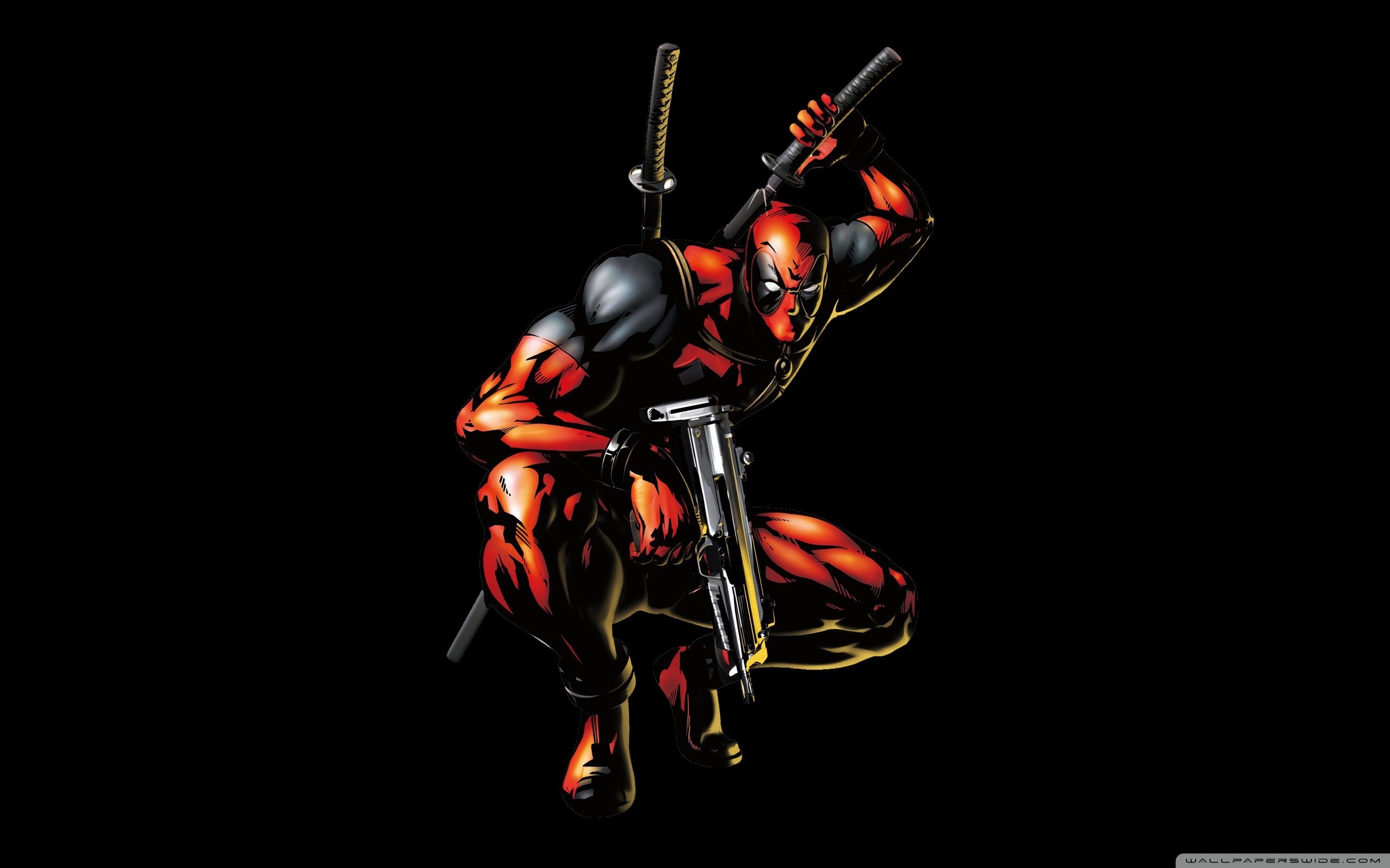 Deadpool, Fumetto, Katana, Sfondo nero, 2K, wallpaper desktop