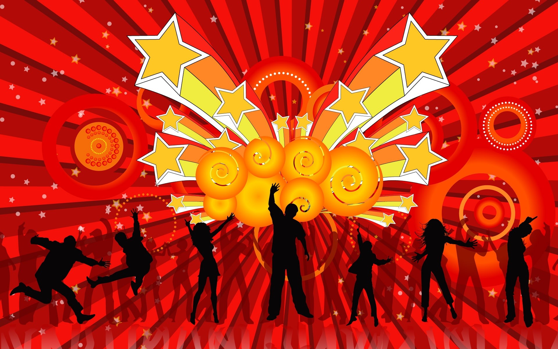 Silhouette danzanti, Stelle, Sfondo rosso, Festa, 16:10 Full HD, wallpaper widescreen