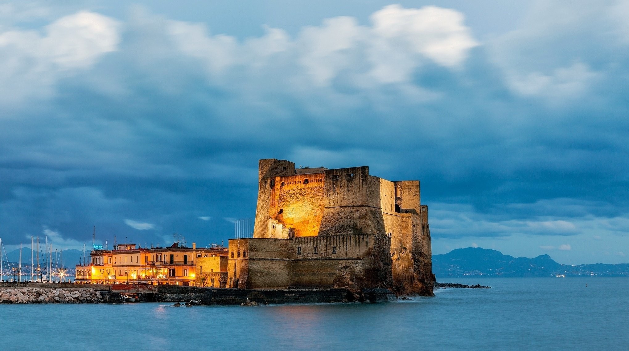 Castel dell'Ovo, Napoli, Mare, Crepuscolo, 16:9 Full HD, wallpaper widescreen